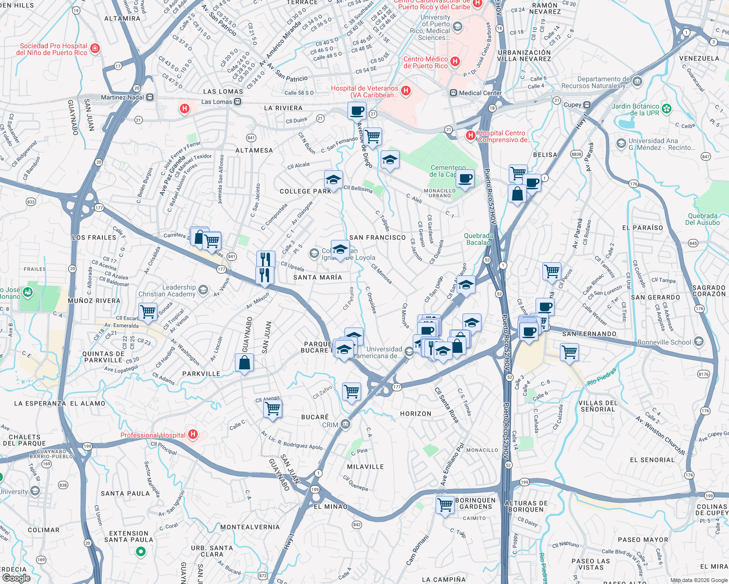 map of restaurants, bars, coffee shops, grocery stores, and more near 90 Calle Orquídea in San Juan