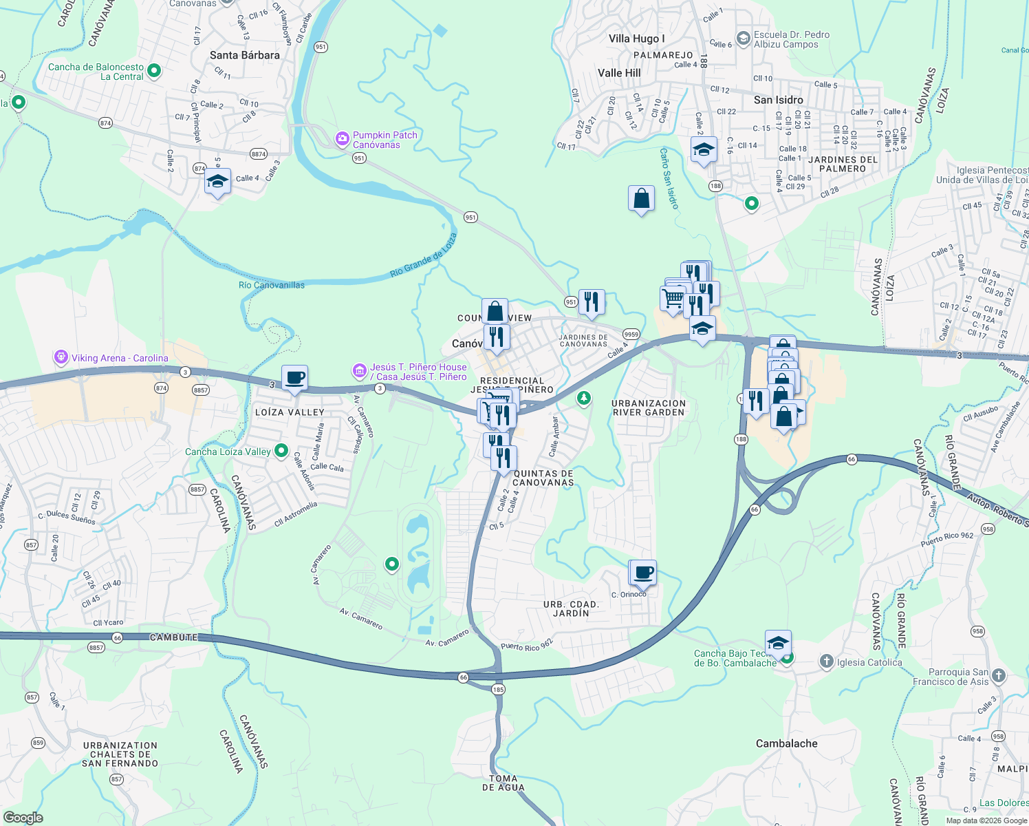 map of restaurants, bars, coffee shops, grocery stores, and more near in Canóvanas