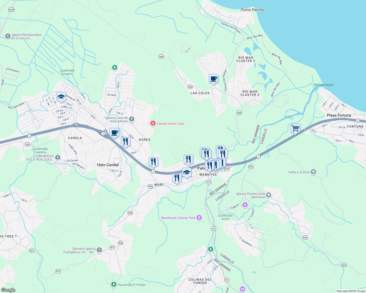 map of restaurants, bars, coffee shops, grocery stores, and more near Calle Triunfo in Rio Grande