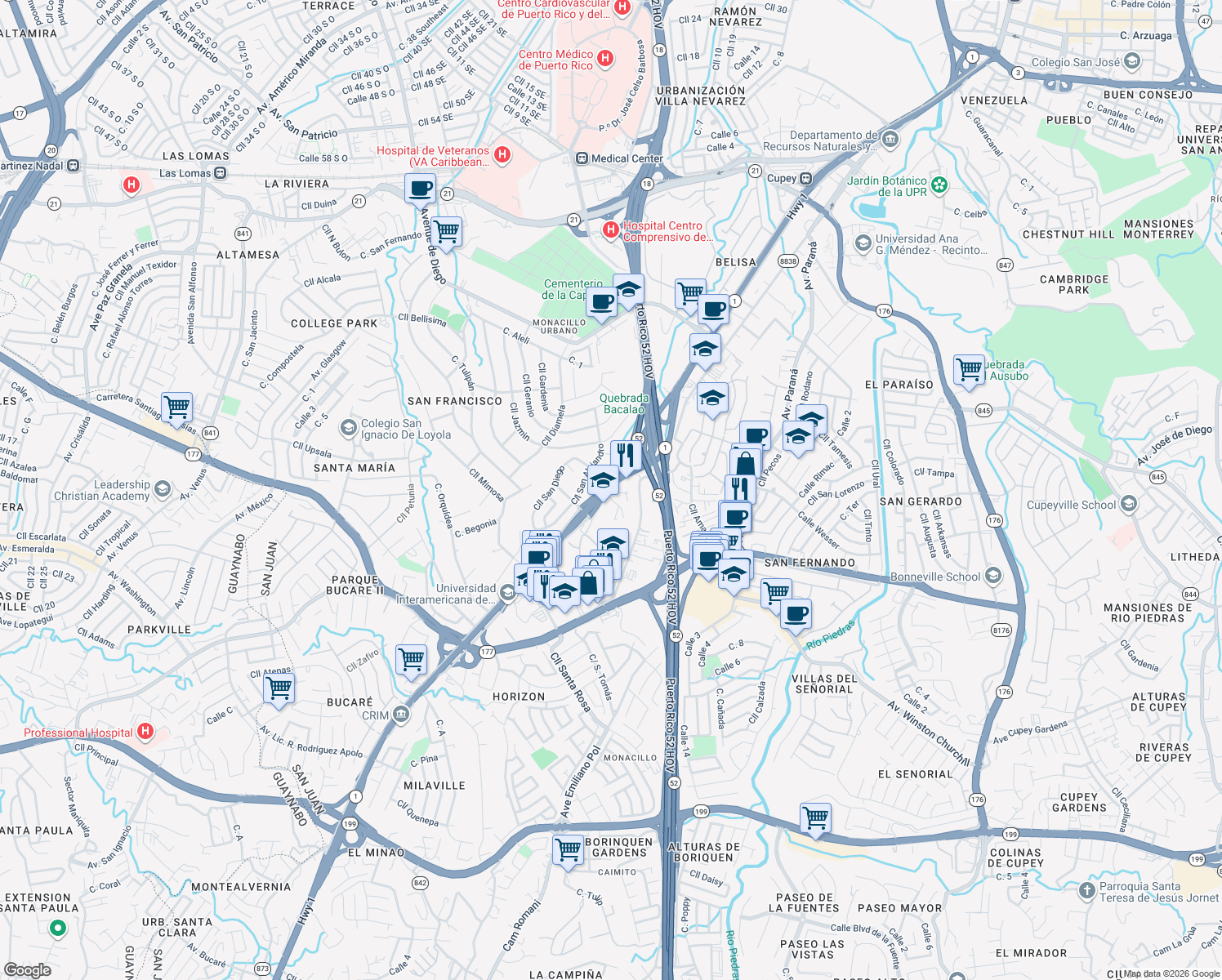 map of restaurants, bars, coffee shops, grocery stores, and more near Professional Offices Park Road in San Juan