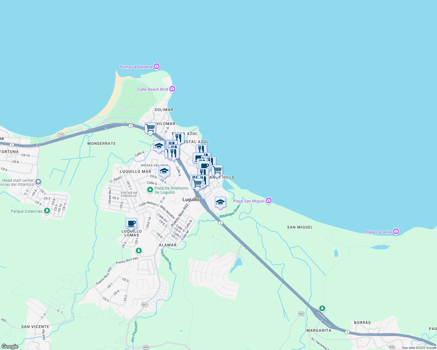 map of restaurants, bars, coffee shops, grocery stores, and more near in Luquillo
