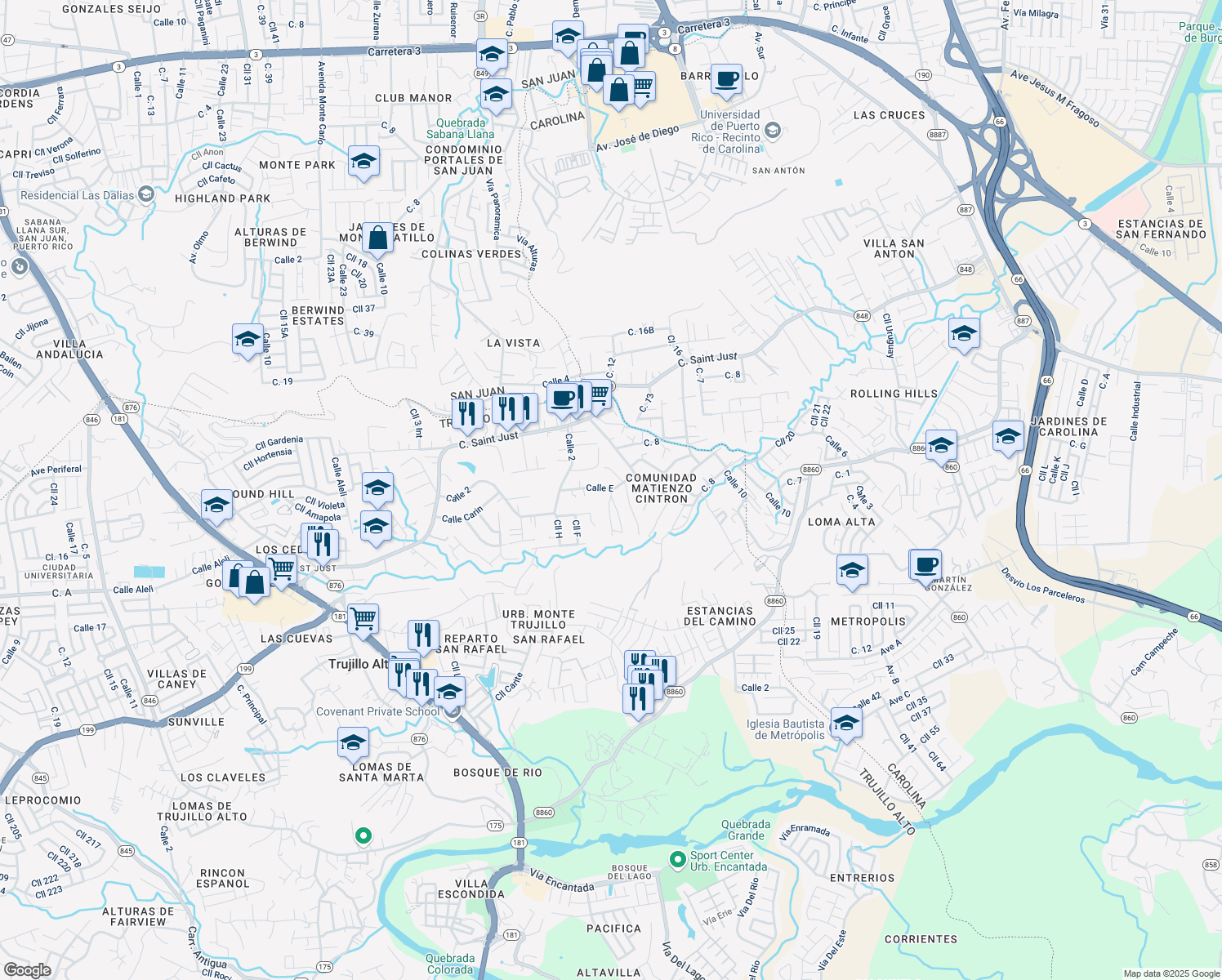 map of restaurants, bars, coffee shops, grocery stores, and more near in Trujillo Alto