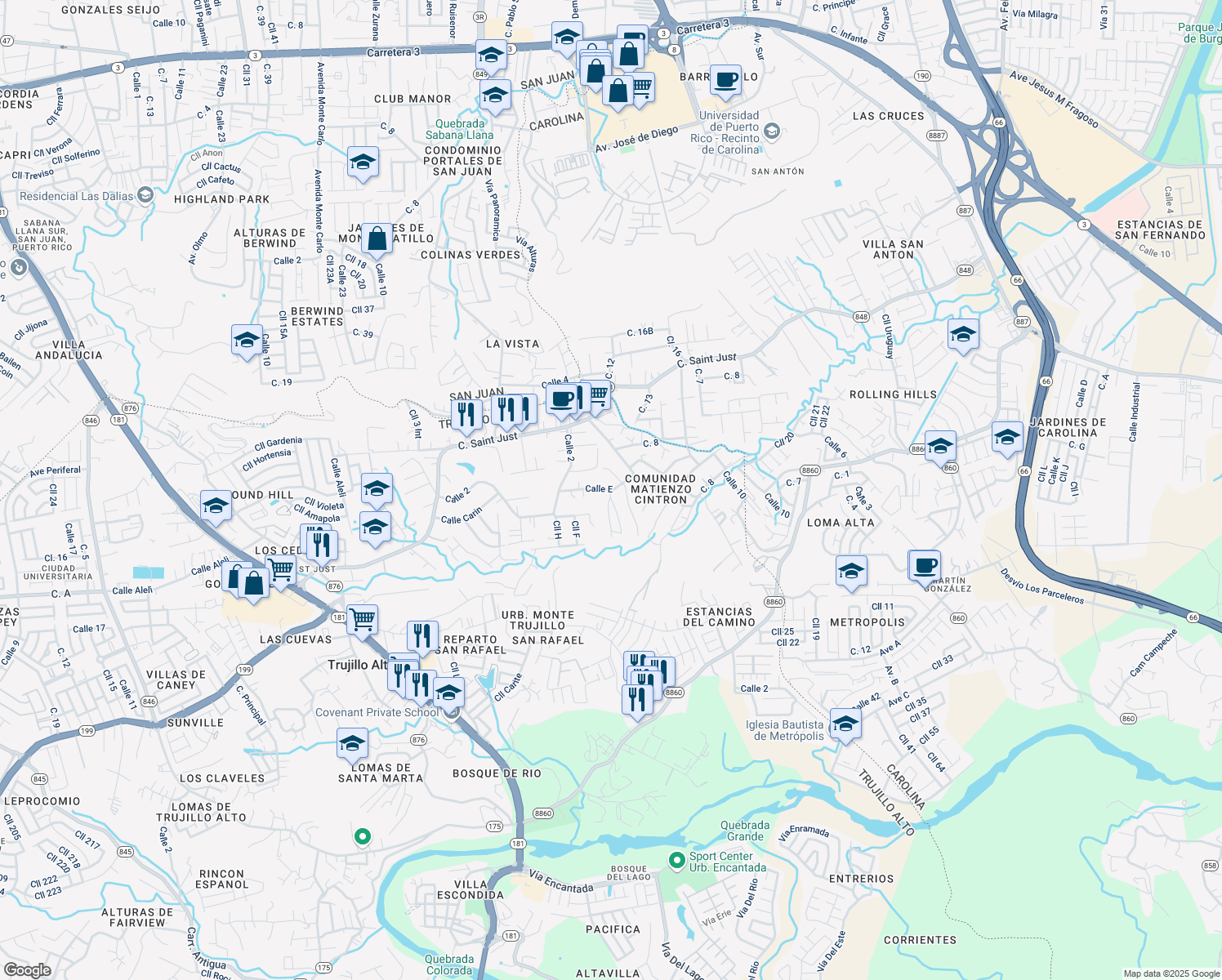map of restaurants, bars, coffee shops, grocery stores, and more near in Trujillo Alto