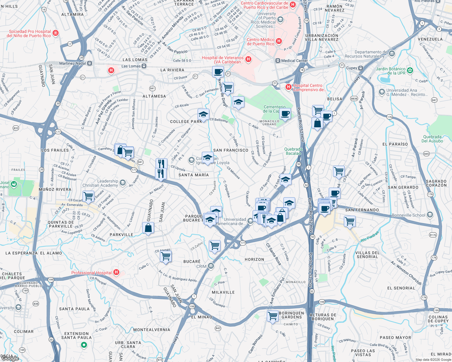map of restaurants, bars, coffee shops, grocery stores, and more near 90 Calle Orquidea in San Juan