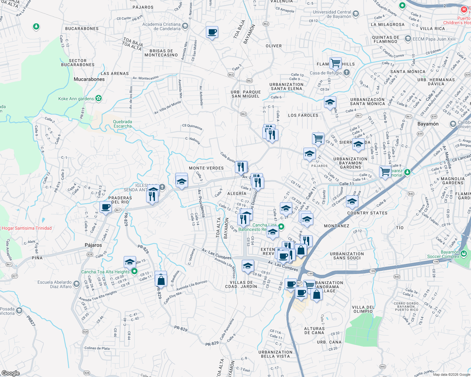 map of restaurants, bars, coffee shops, grocery stores, and more near Calle 5 in Bayamón