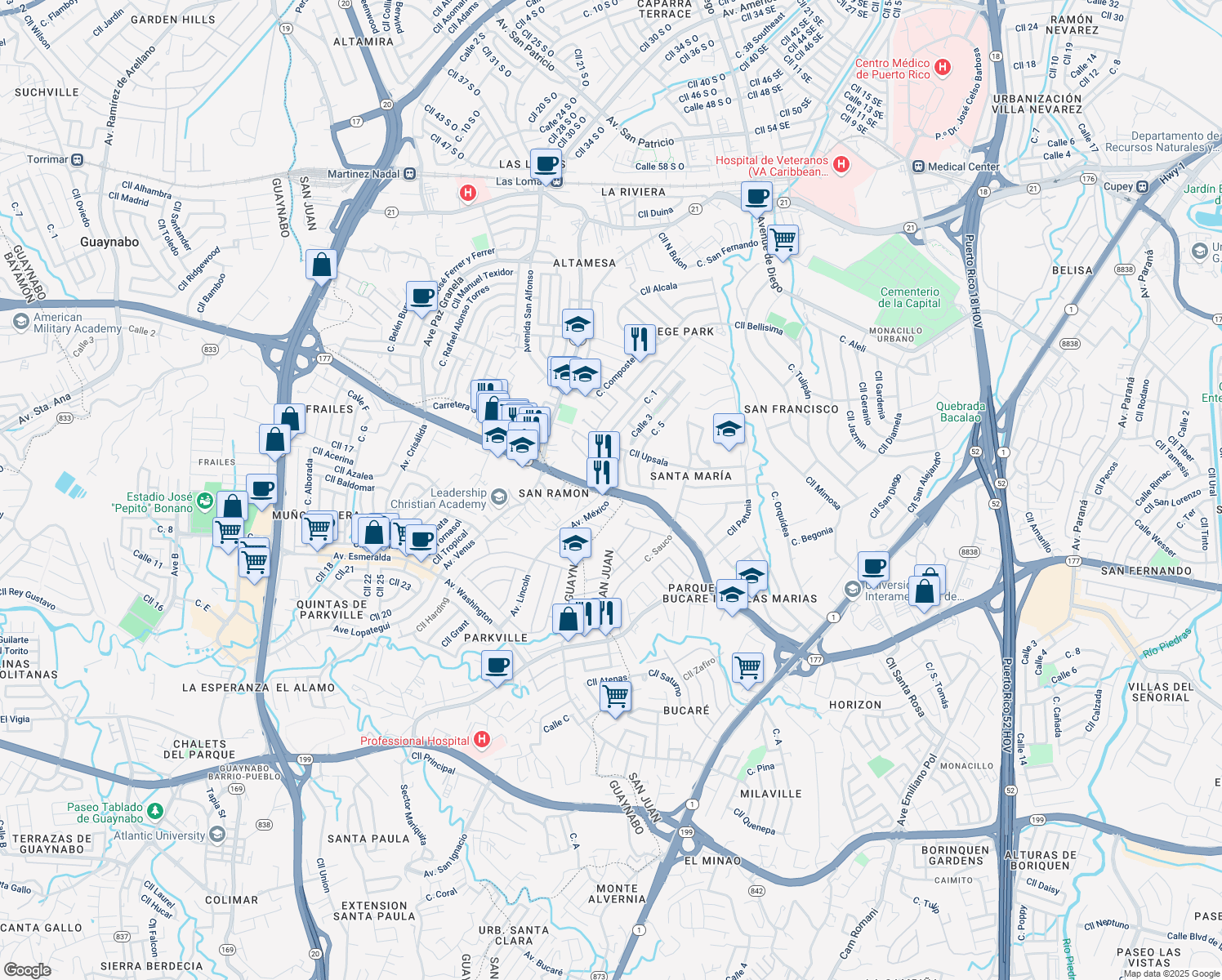 map of restaurants, bars, coffee shops, grocery stores, and more near Puerto Rico 177 in San Juan