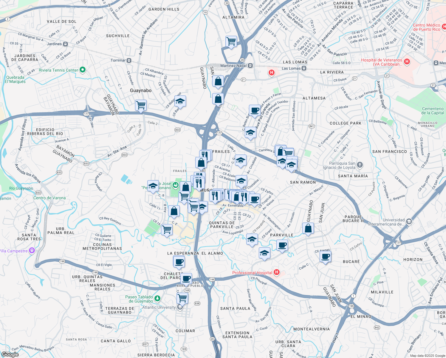 map of restaurants, bars, coffee shops, grocery stores, and more near 16 Calle Baldomar in Guaynabo