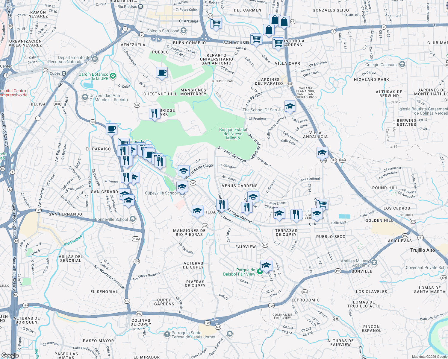 map of restaurants, bars, coffee shops, grocery stores, and more near Ave Venus in San Juan