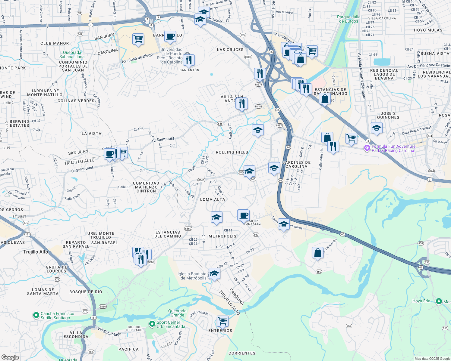 map of restaurants, bars, coffee shops, grocery stores, and more near Puerto Rico 8860 in Carolina