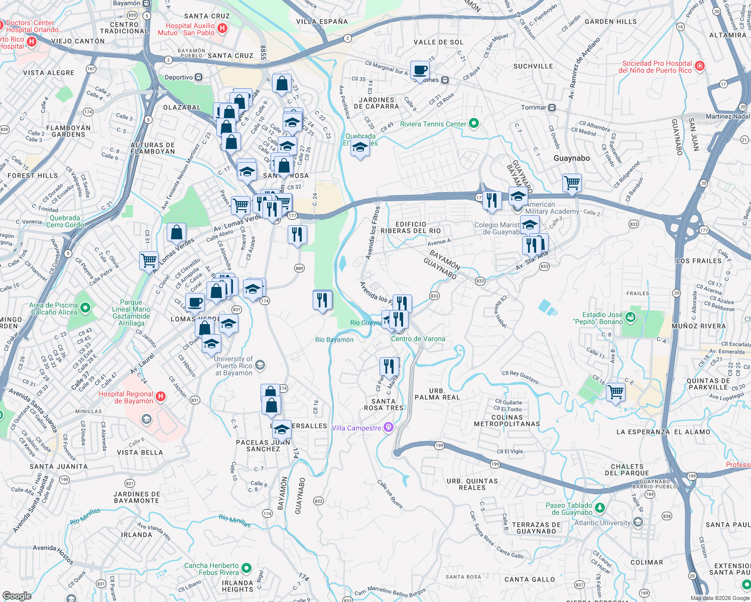 map of restaurants, bars, coffee shops, grocery stores, and more near Calle Juan Martínez in Bayamón