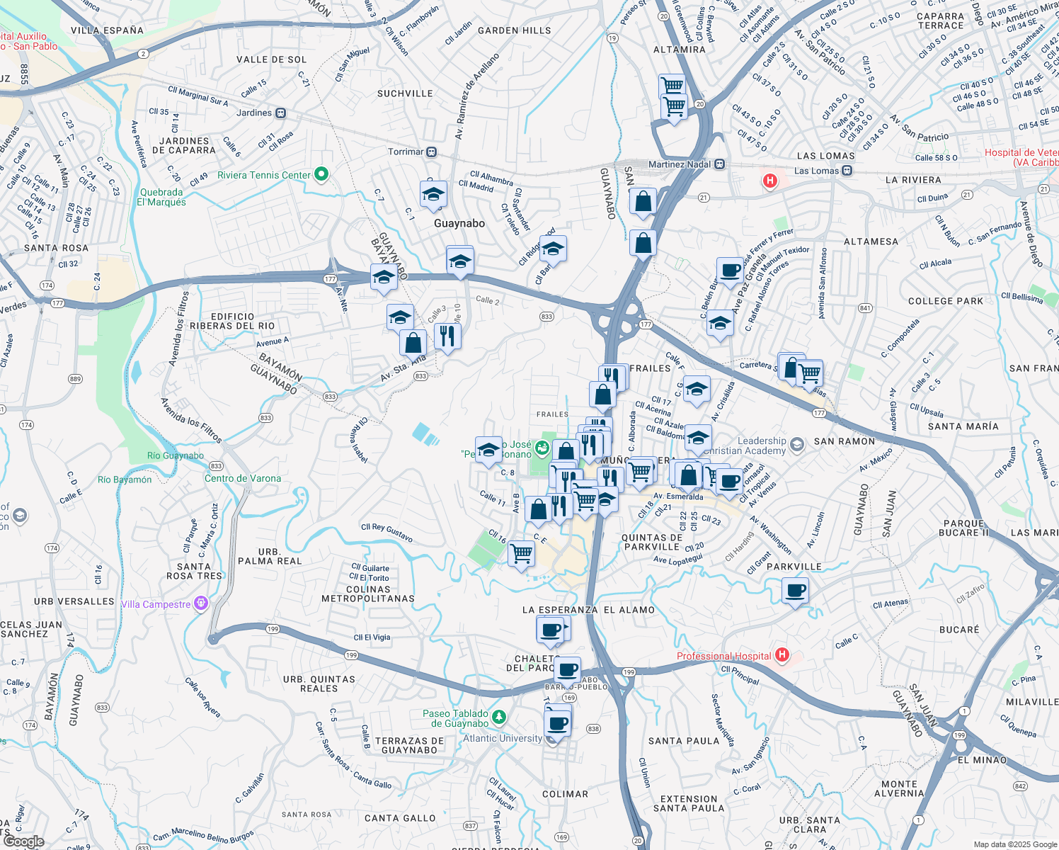 map of restaurants, bars, coffee shops, grocery stores, and more near Calle Bolivia in Guaynabo