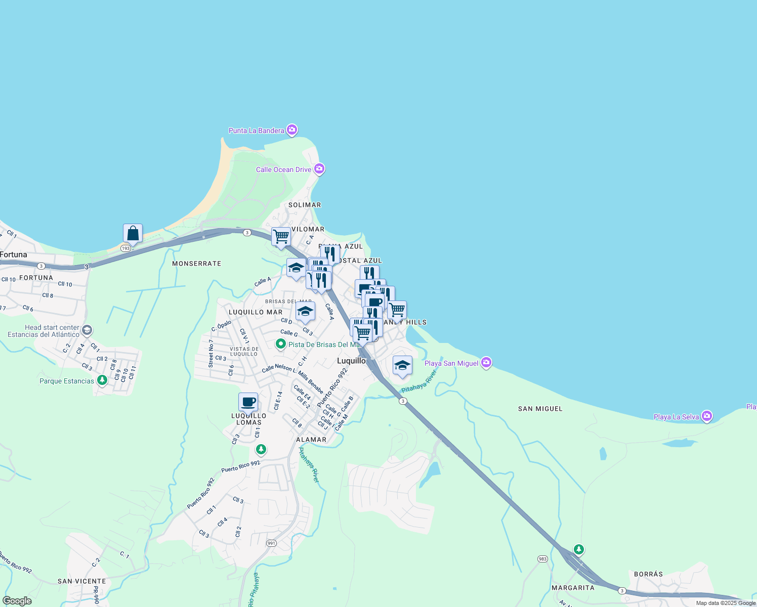map of restaurants, bars, coffee shops, grocery stores, and more near in Luquillo
