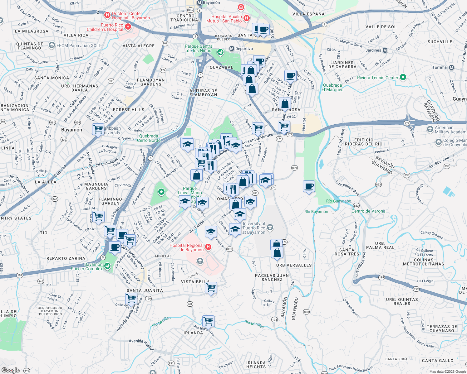 map of restaurants, bars, coffee shops, grocery stores, and more near 22 Calle Almendra in Bayamón