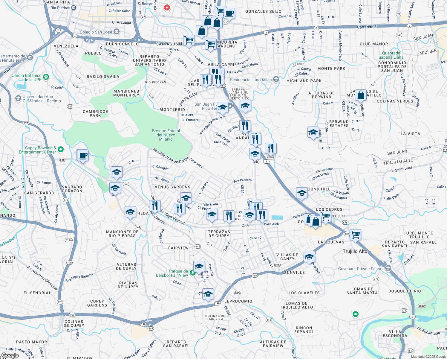map of restaurants, bars, coffee shops, grocery stores, and more near Avenue Periferal in Trujillo Alto