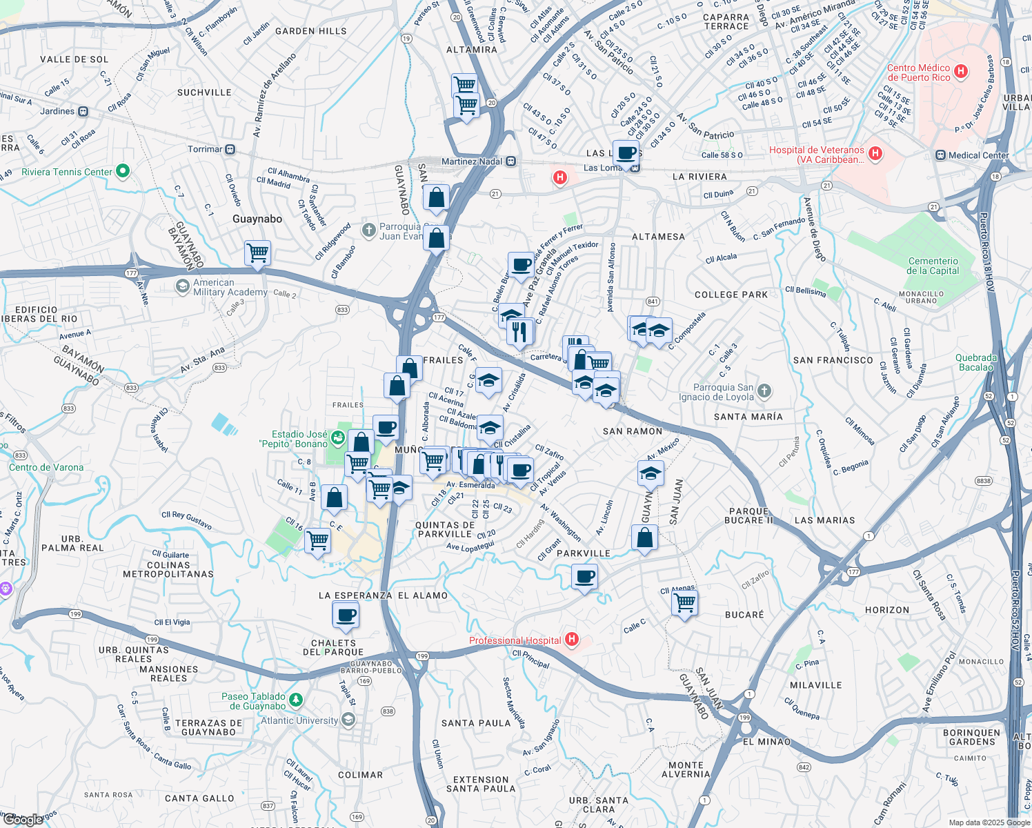 map of restaurants, bars, coffee shops, grocery stores, and more near Calle Campo Bello in Guaynabo