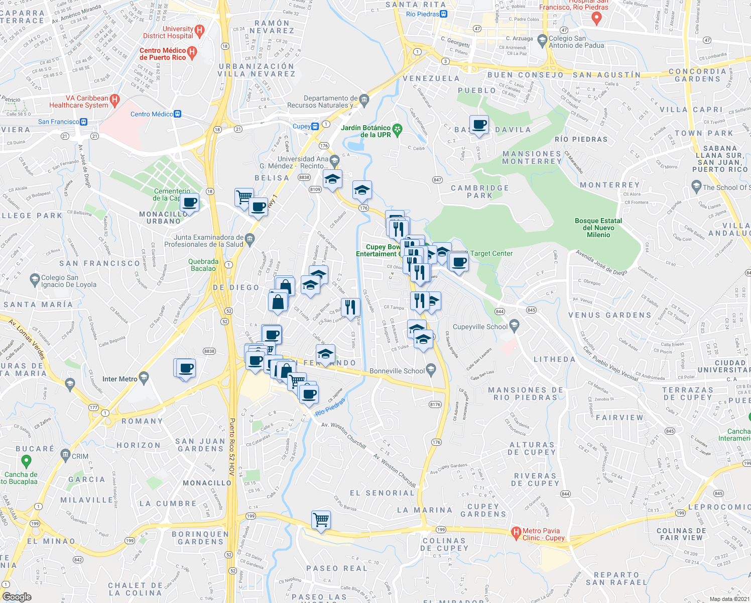map of restaurants, bars, coffee shops, grocery stores, and more near 300 Calle Pasadena in San Juan