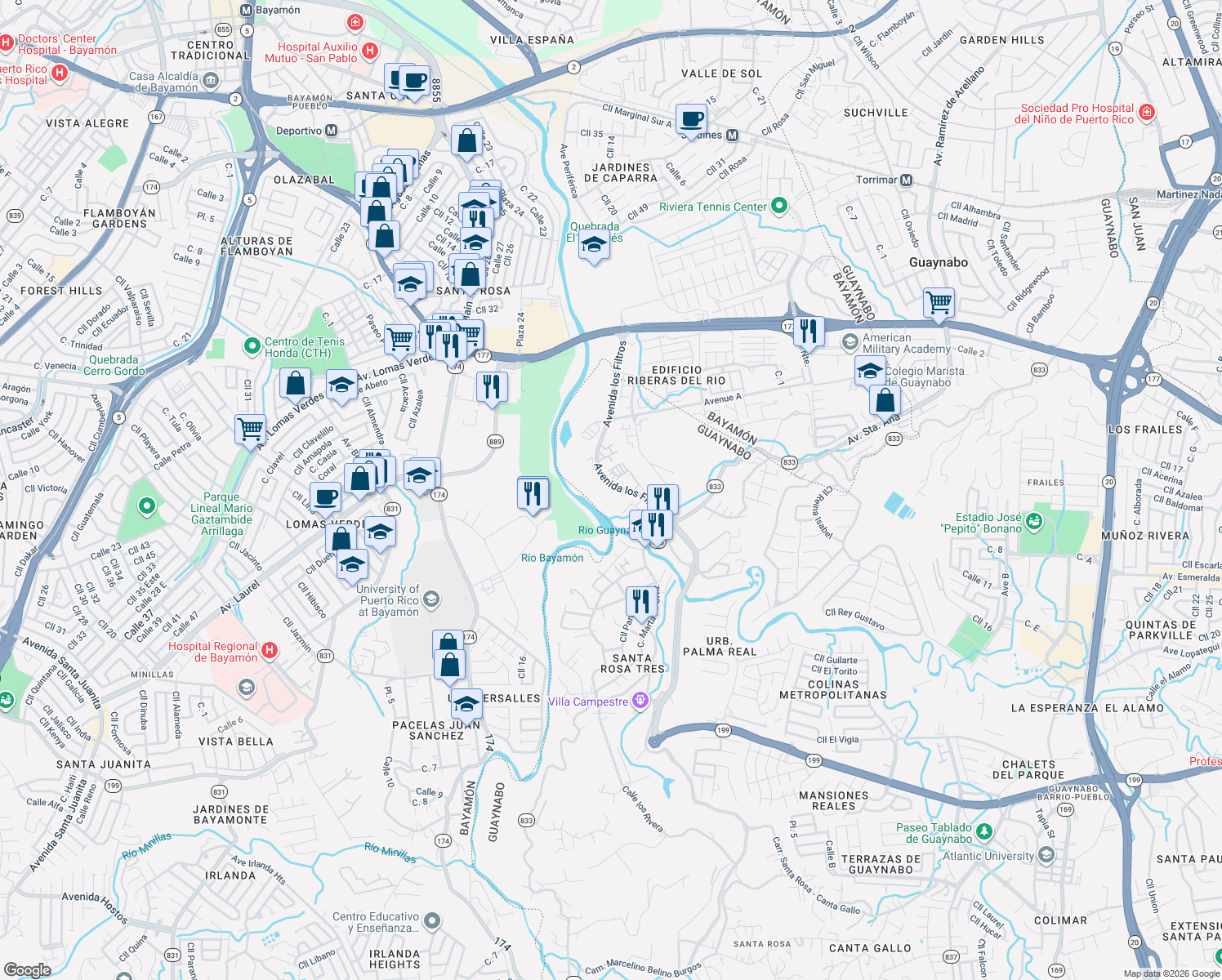 map of restaurants, bars, coffee shops, grocery stores, and more near Calle Juan Martínez in Bayamón