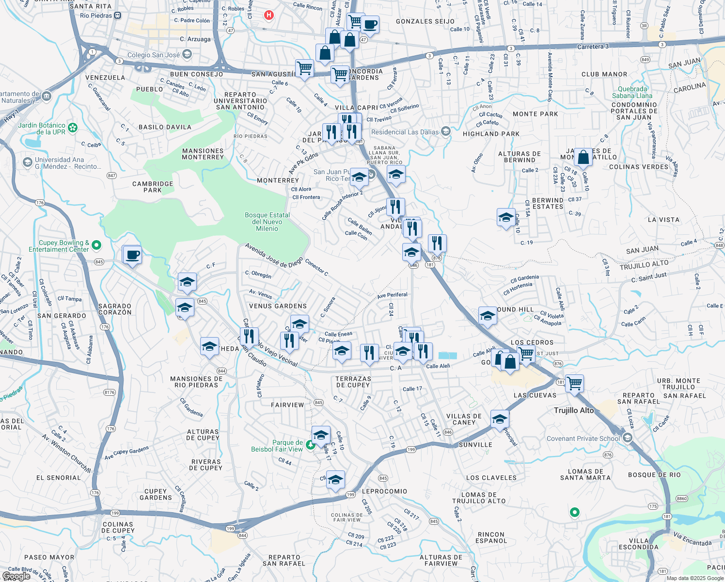 map of restaurants, bars, coffee shops, grocery stores, and more near Avenue Periferal in Trujillo Alto