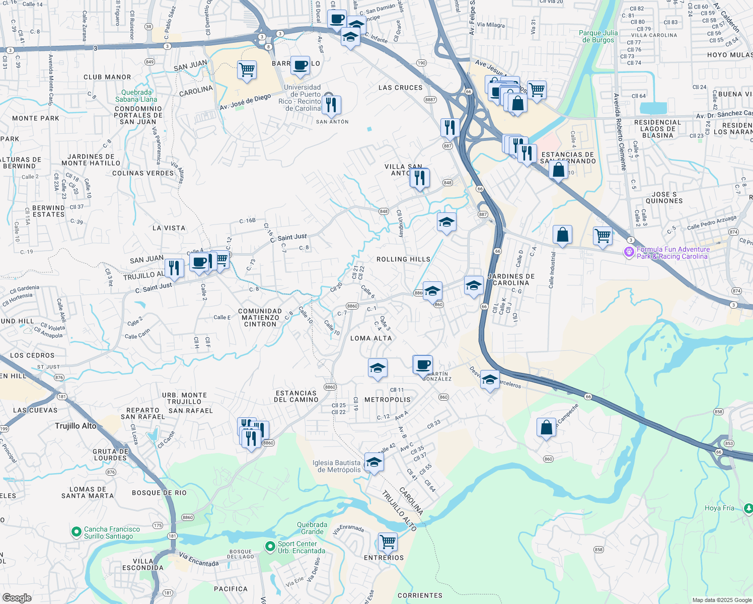 map of restaurants, bars, coffee shops, grocery stores, and more near Puerto Rico 8860 in Carolina