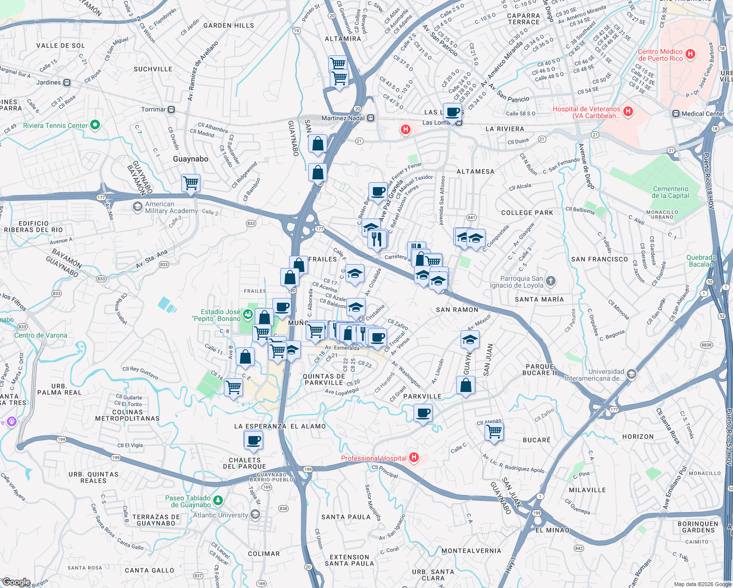 map of restaurants, bars, coffee shops, grocery stores, and more near Calle Campo Bello in Guaynabo