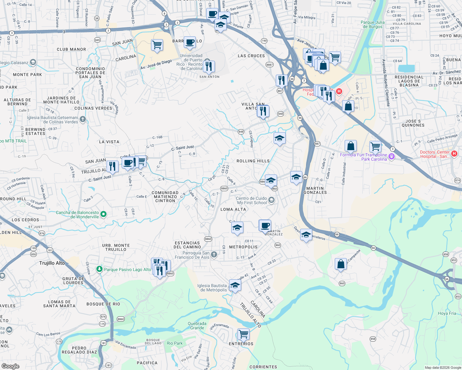 map of restaurants, bars, coffee shops, grocery stores, and more near in Carolina