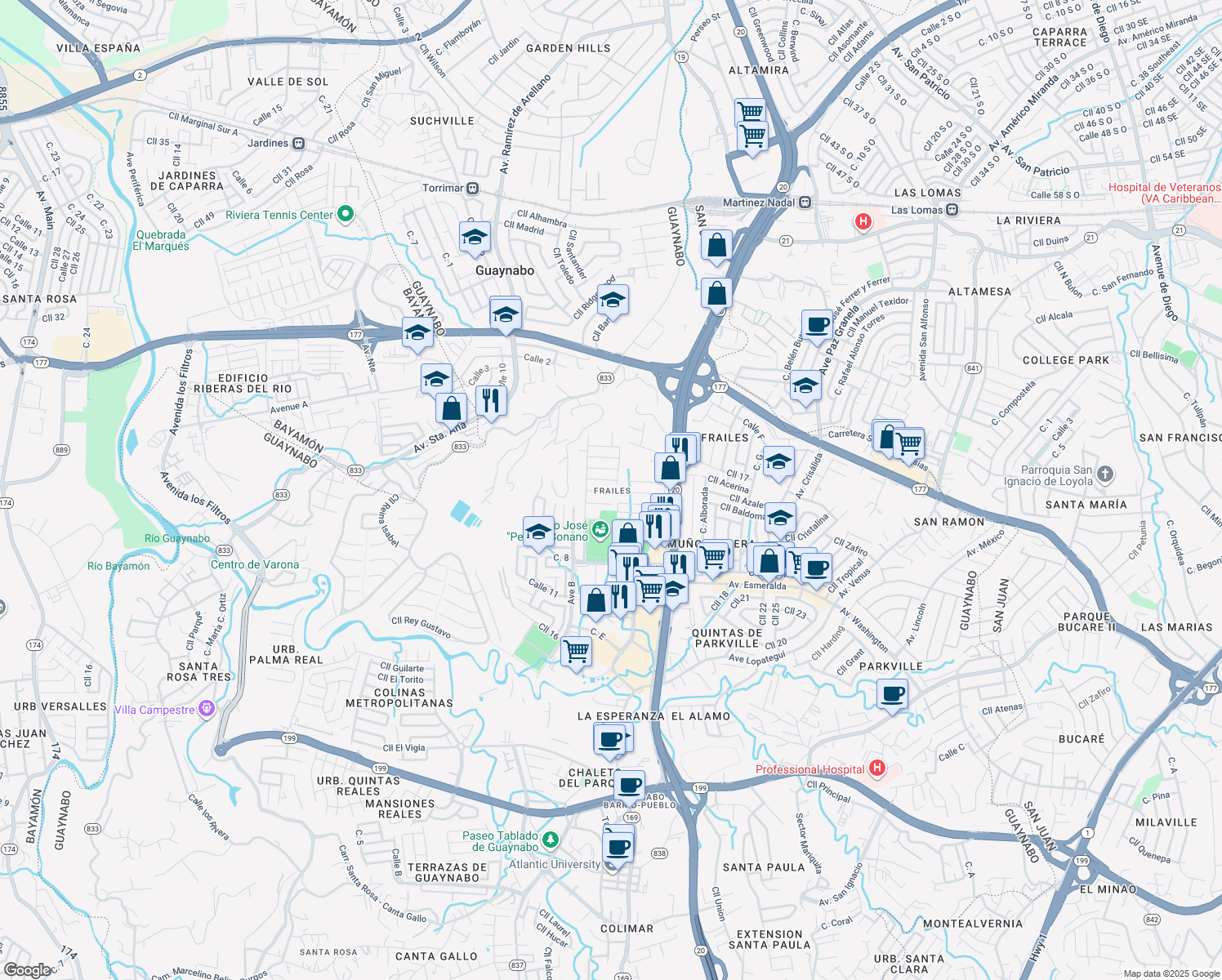 map of restaurants, bars, coffee shops, grocery stores, and more near in Guaynabo