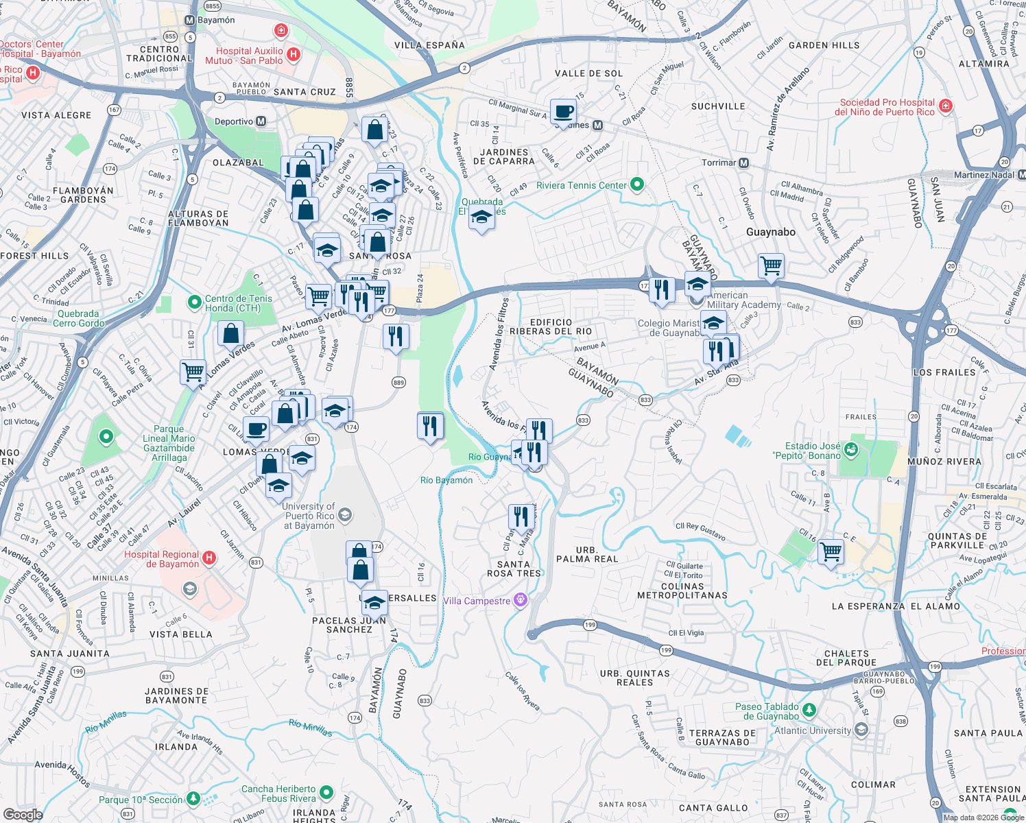 map of restaurants, bars, coffee shops, grocery stores, and more near Calle Juan Martínez in Bayamón