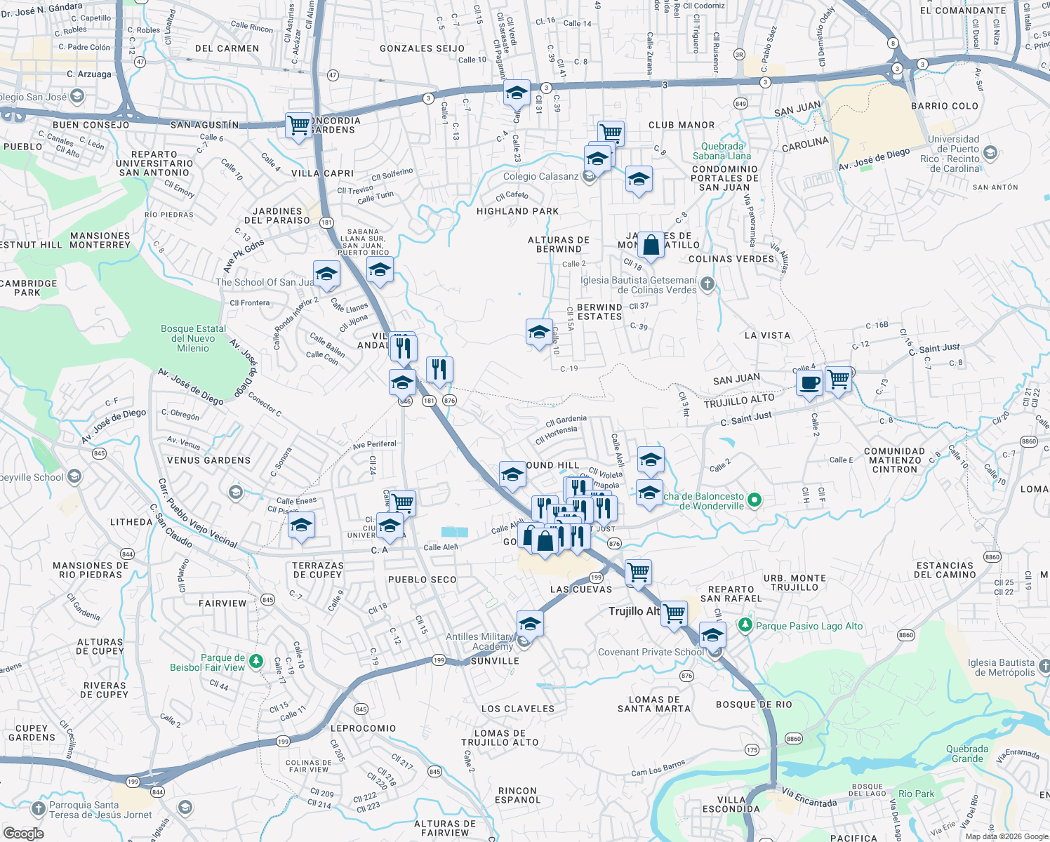map of restaurants, bars, coffee shops, grocery stores, and more near Calle 4 in Trujillo Alto