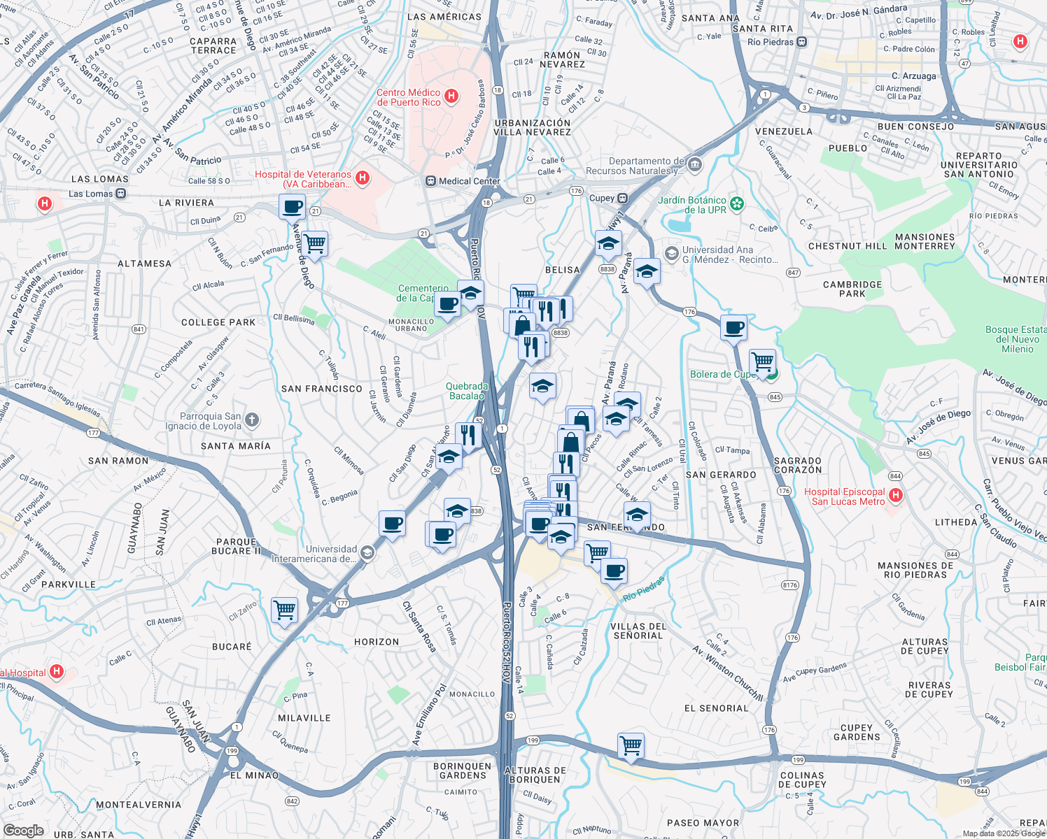 map of restaurants, bars, coffee shops, grocery stores, and more near 1643-1649 Calle Georgina Volga in San Juan