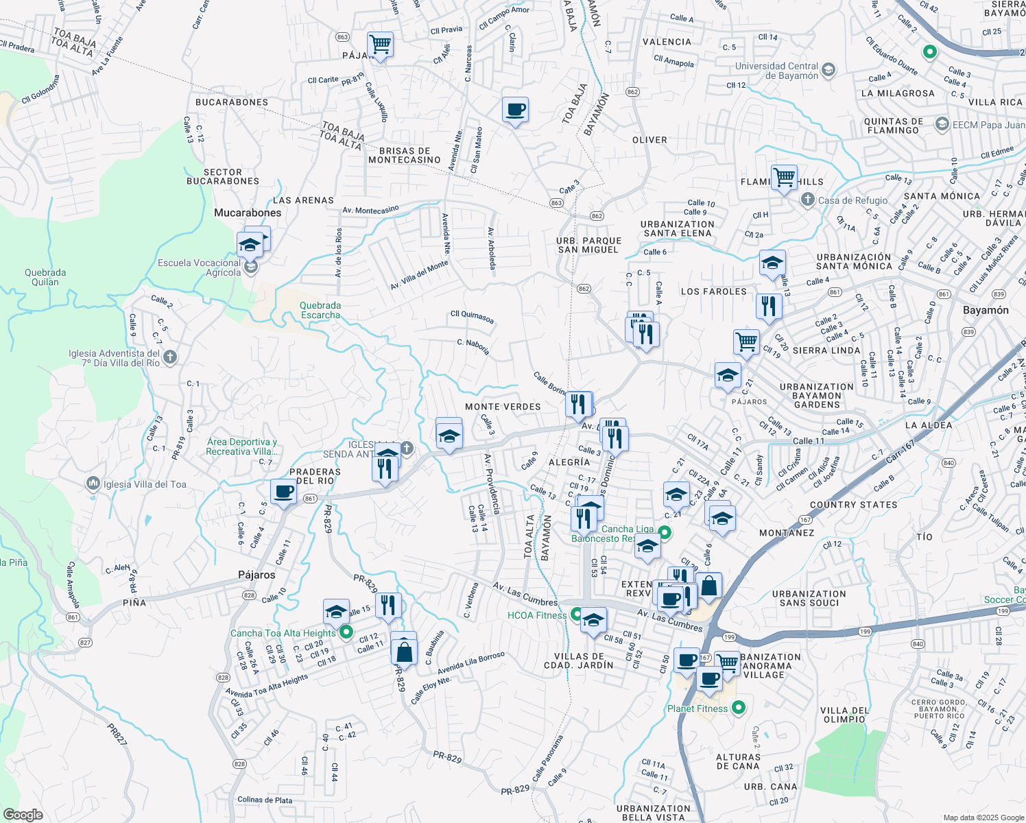 map of restaurants, bars, coffee shops, grocery stores, and more near Calle 4 in Toa Alta