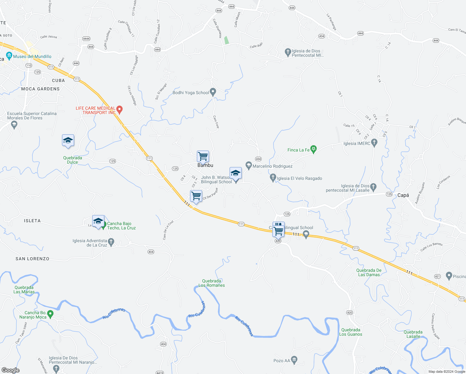 map of restaurants, bars, coffee shops, grocery stores, and more near 125 in Moca