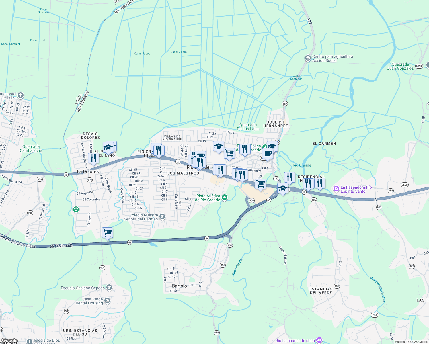 map of restaurants, bars, coffee shops, grocery stores, and more near State Route 3 in Río Grande