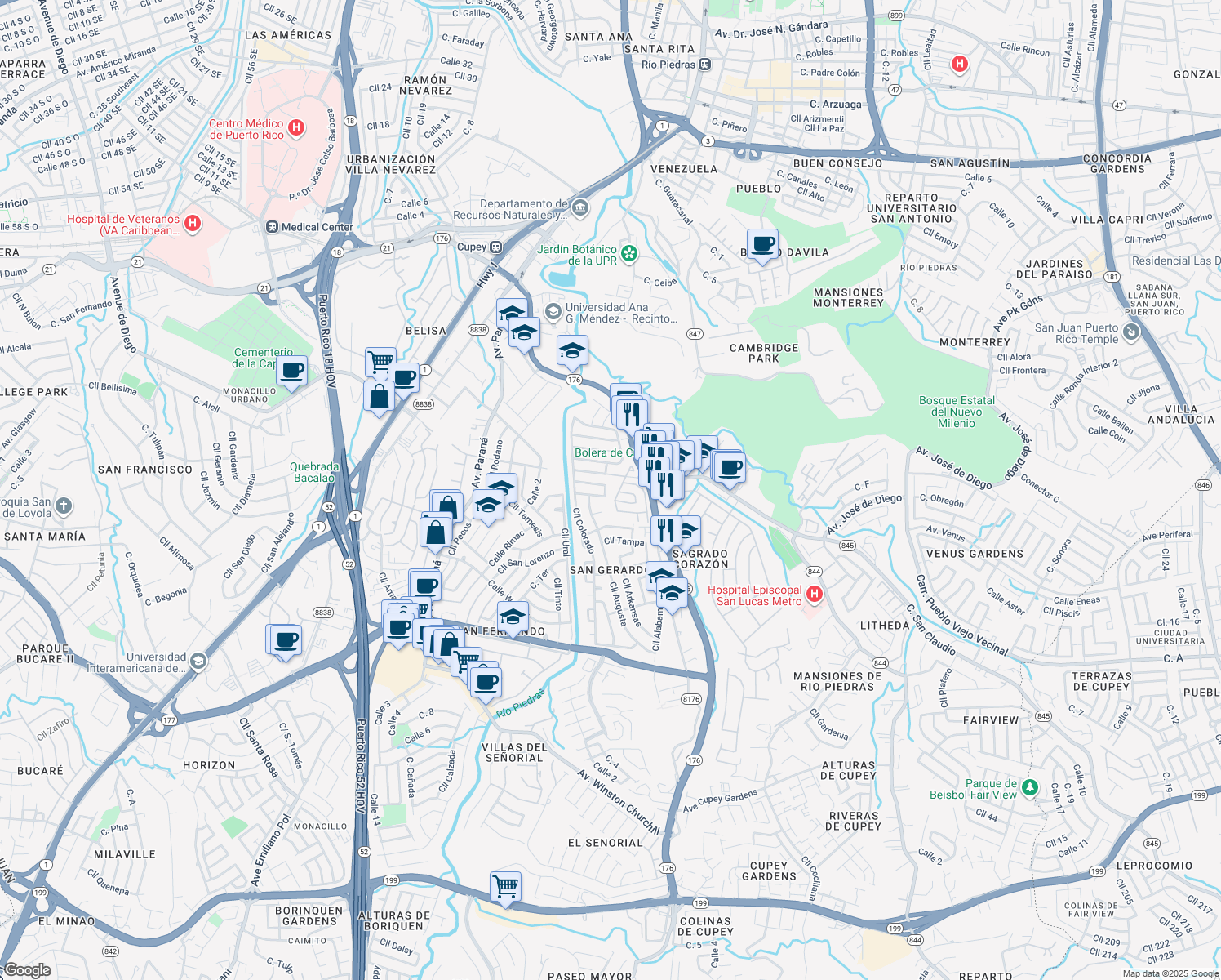 map of restaurants, bars, coffee shops, grocery stores, and more near 10 Calle A in San Juan