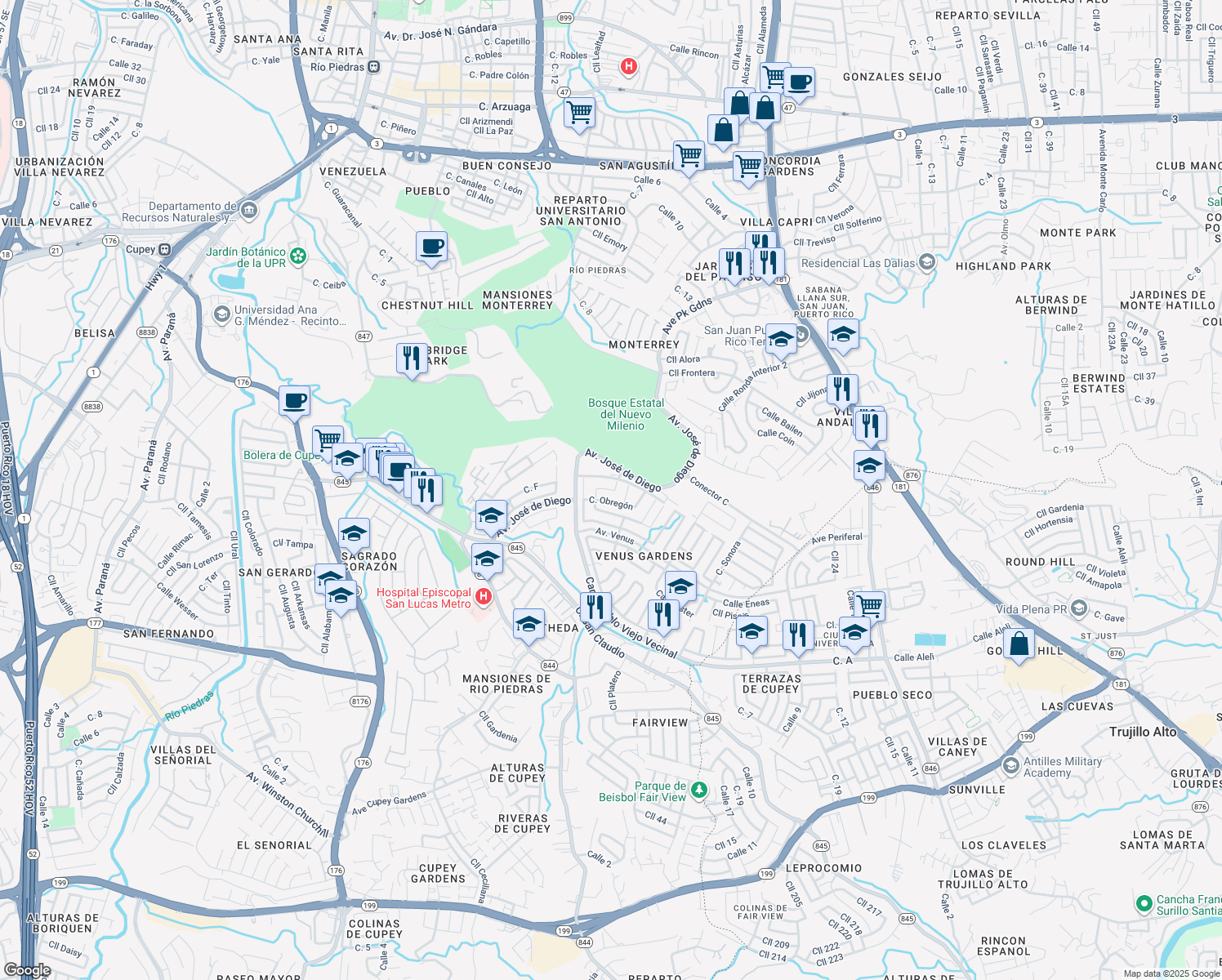 map of restaurants, bars, coffee shops, grocery stores, and more near Calle Puerto Vallarta in San Juan