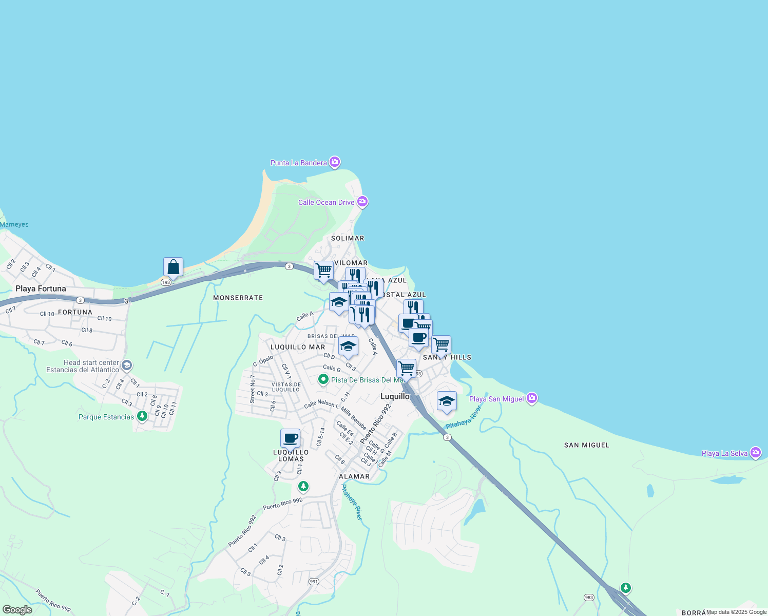 map of restaurants, bars, coffee shops, grocery stores, and more near Highway 193 in Luquillo