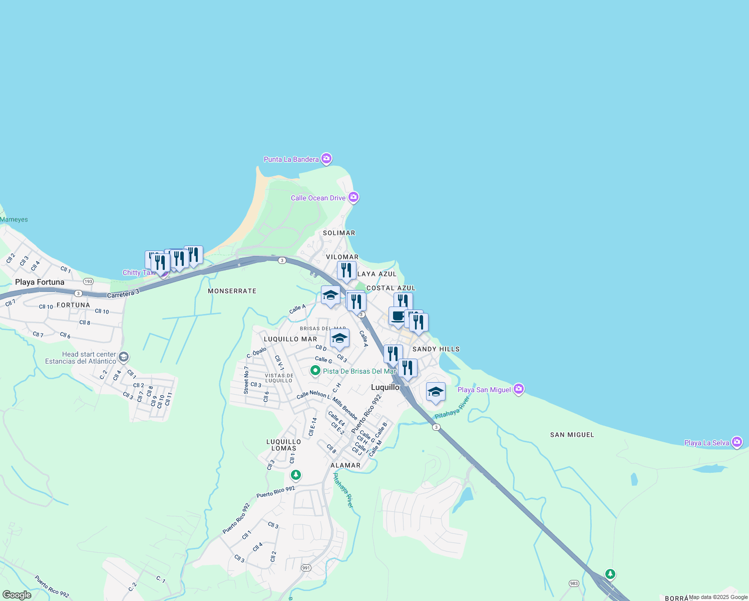 map of restaurants, bars, coffee shops, grocery stores, and more near Highway 193 in Luquillo