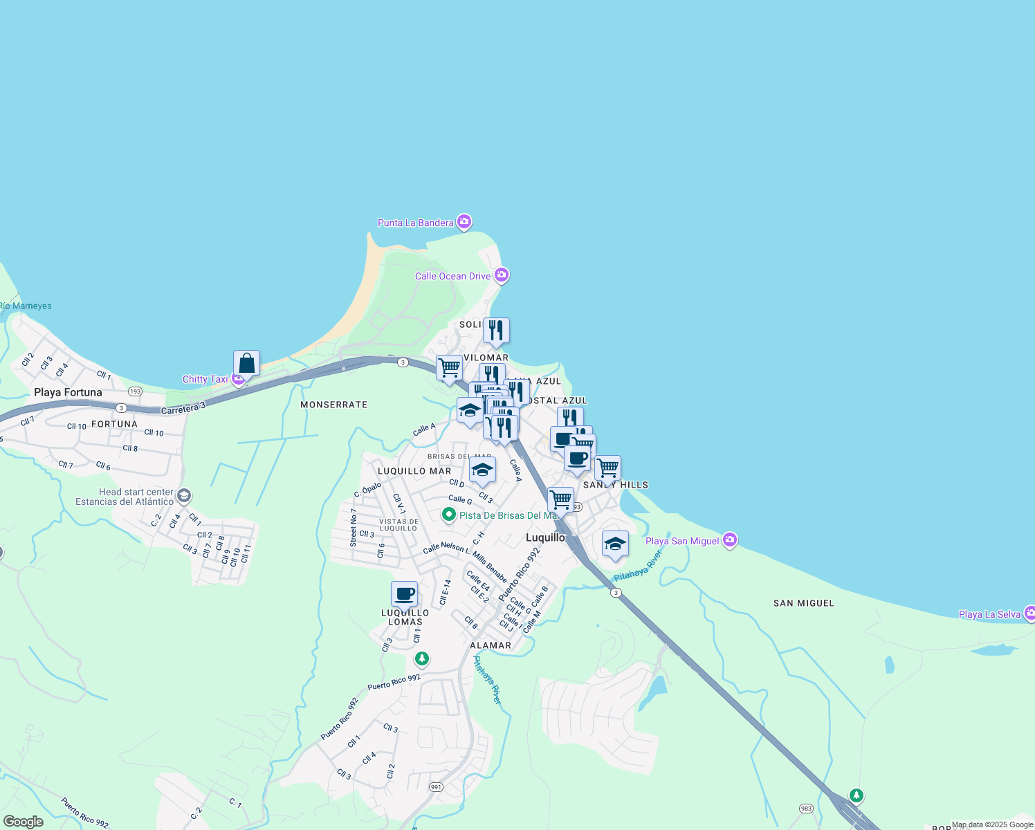 map of restaurants, bars, coffee shops, grocery stores, and more near Highway 193 in Luquillo