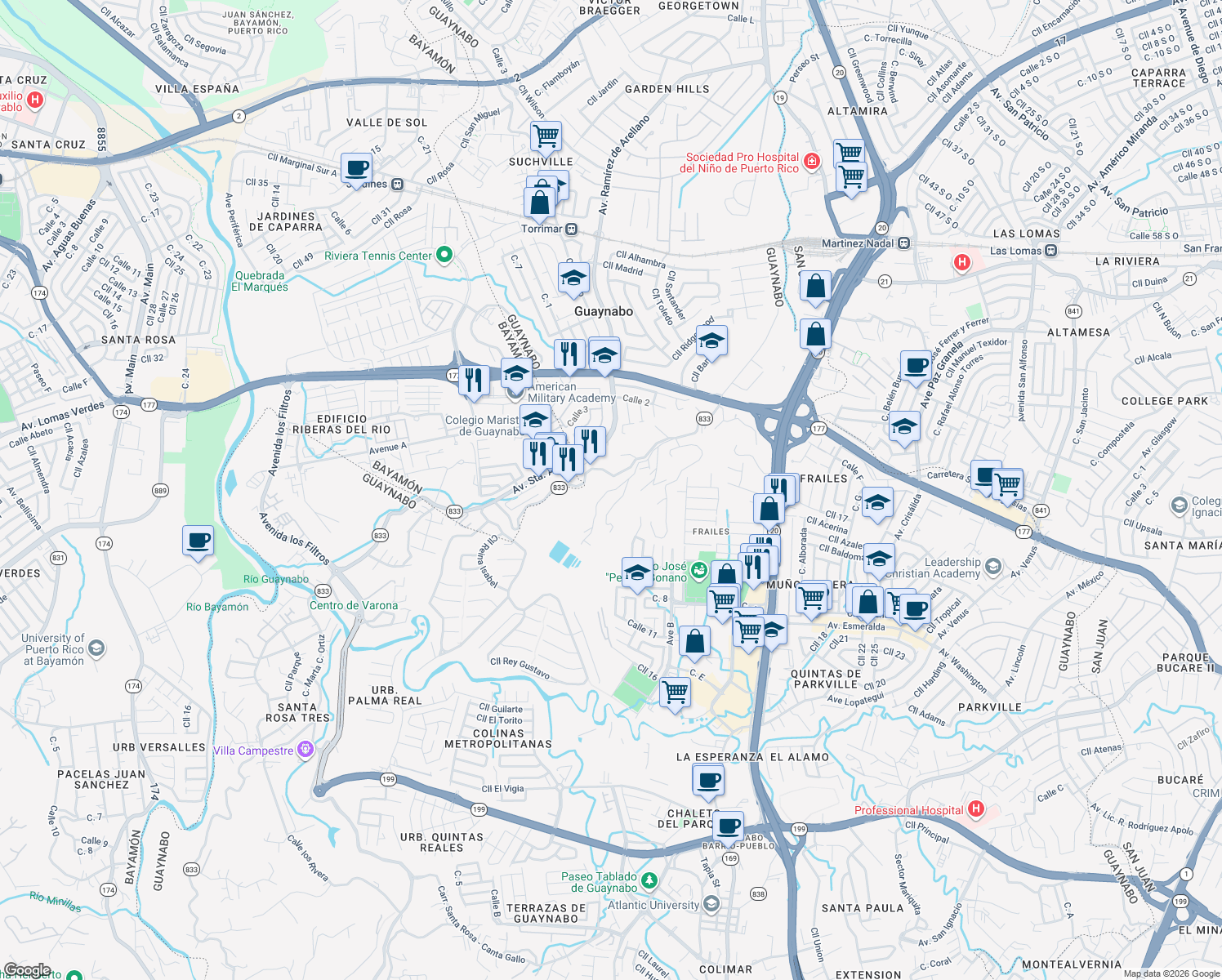 map of restaurants, bars, coffee shops, grocery stores, and more near in Guaynabo