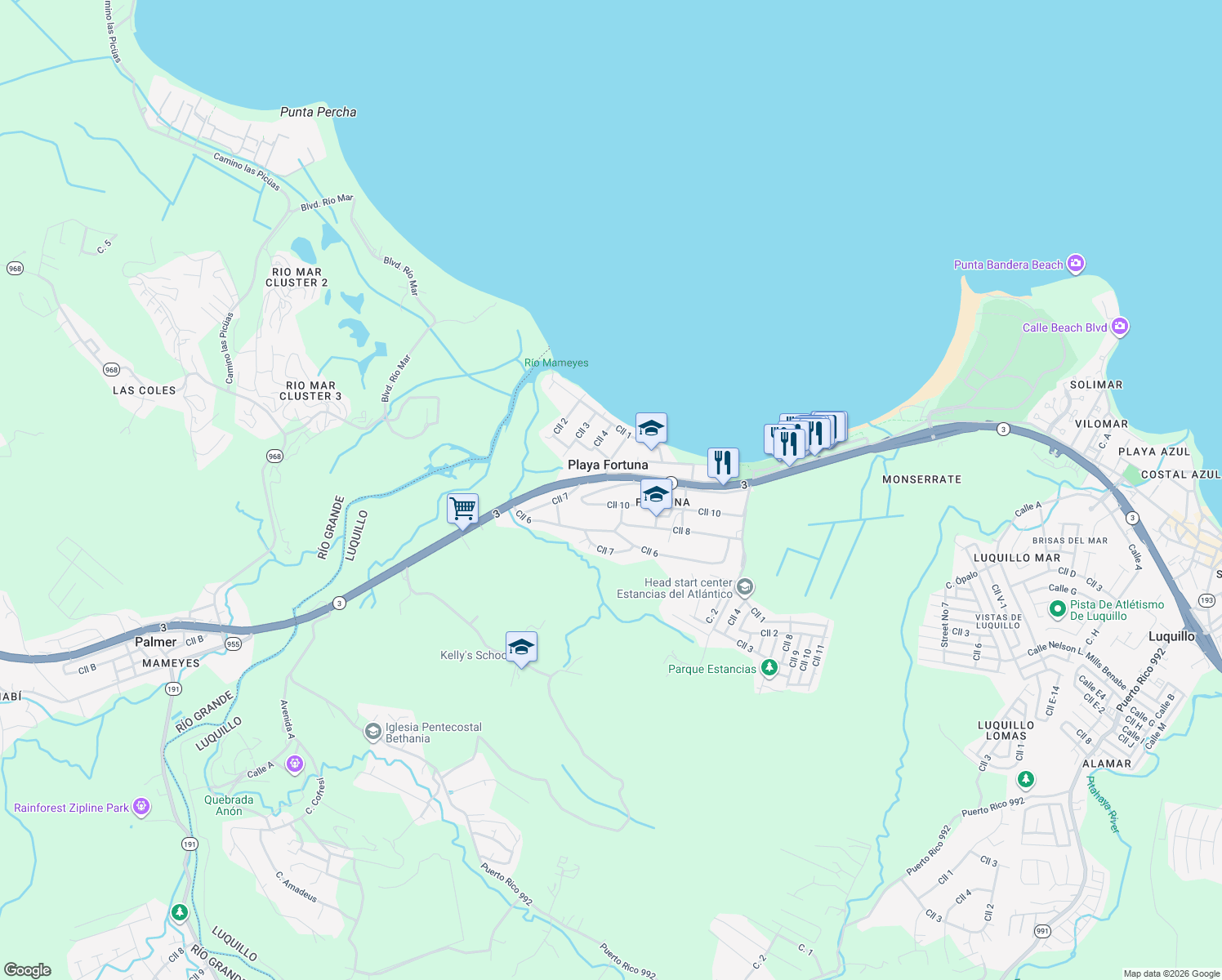 map of restaurants, bars, coffee shops, grocery stores, and more near in Playa Fortuna