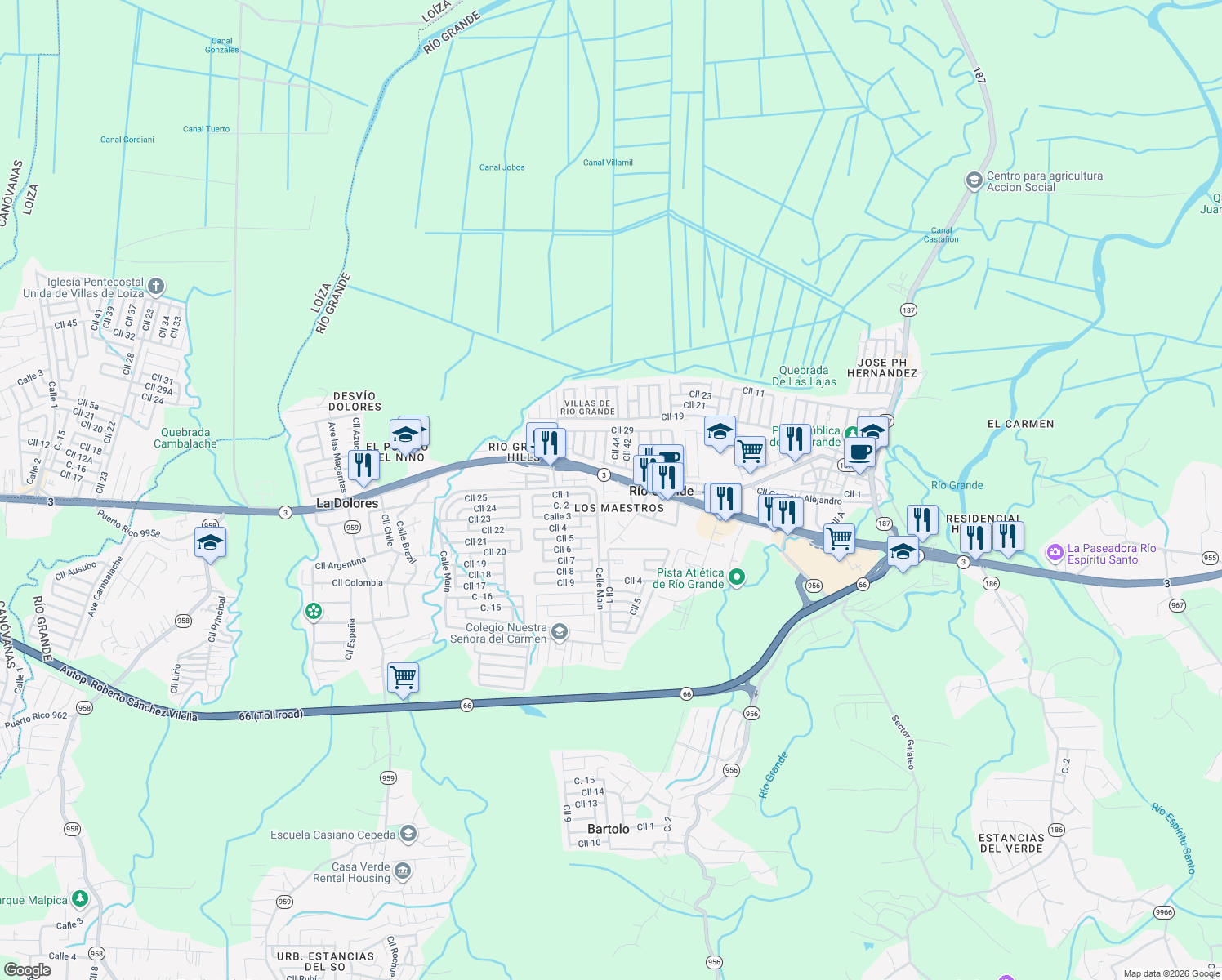 map of restaurants, bars, coffee shops, grocery stores, and more near 3 in Río Grande