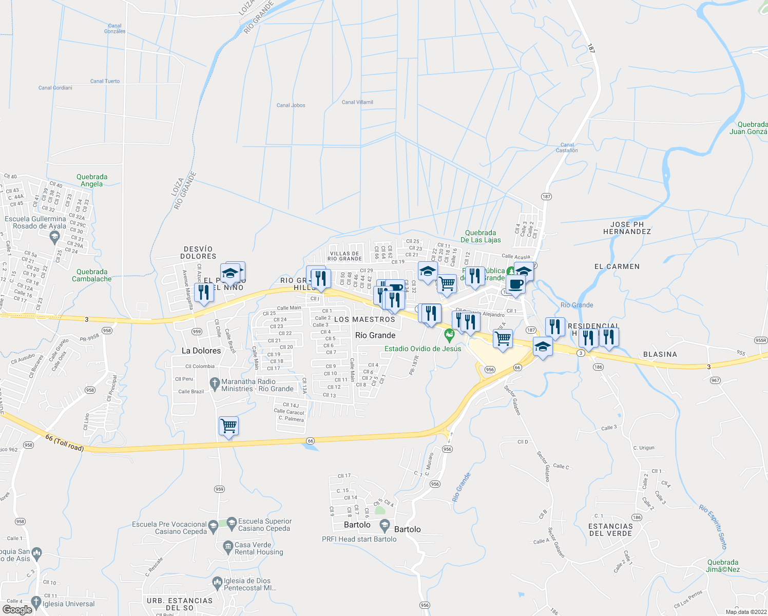 map of restaurants, bars, coffee shops, grocery stores, and more near 3 in Río Grande