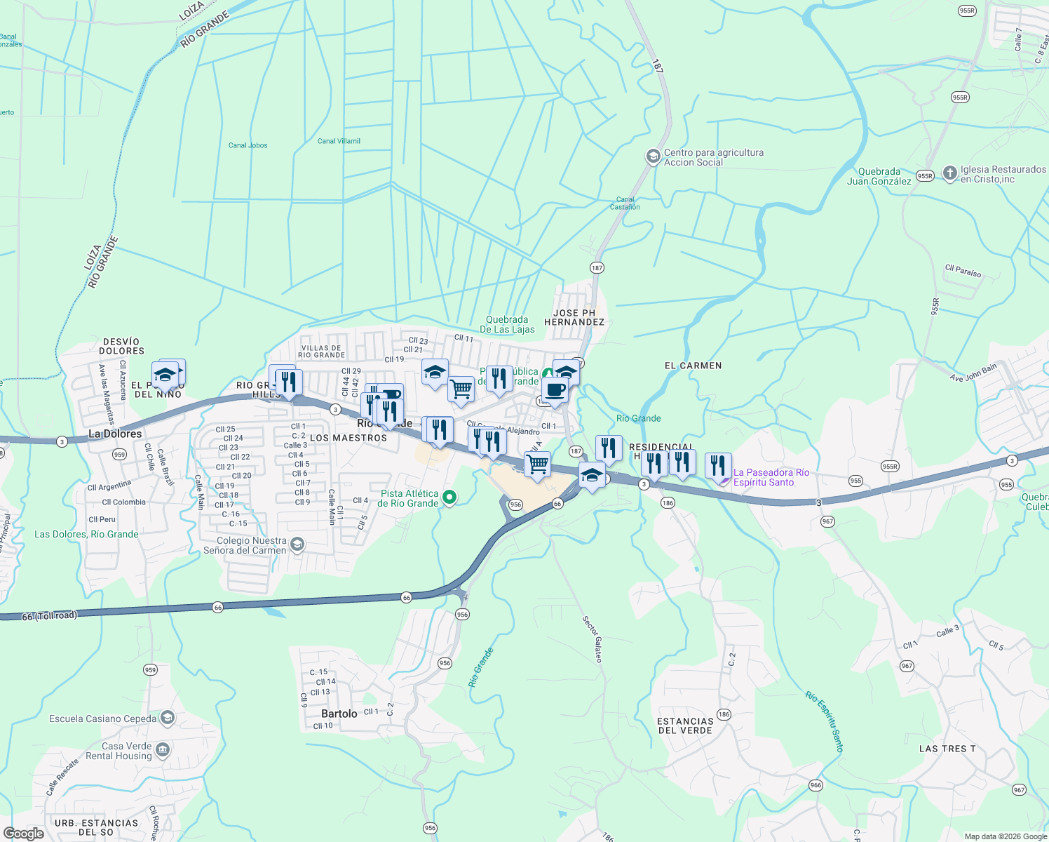 map of restaurants, bars, coffee shops, grocery stores, and more near 18-28 Calle Jose P Hernandez in Rio Grande