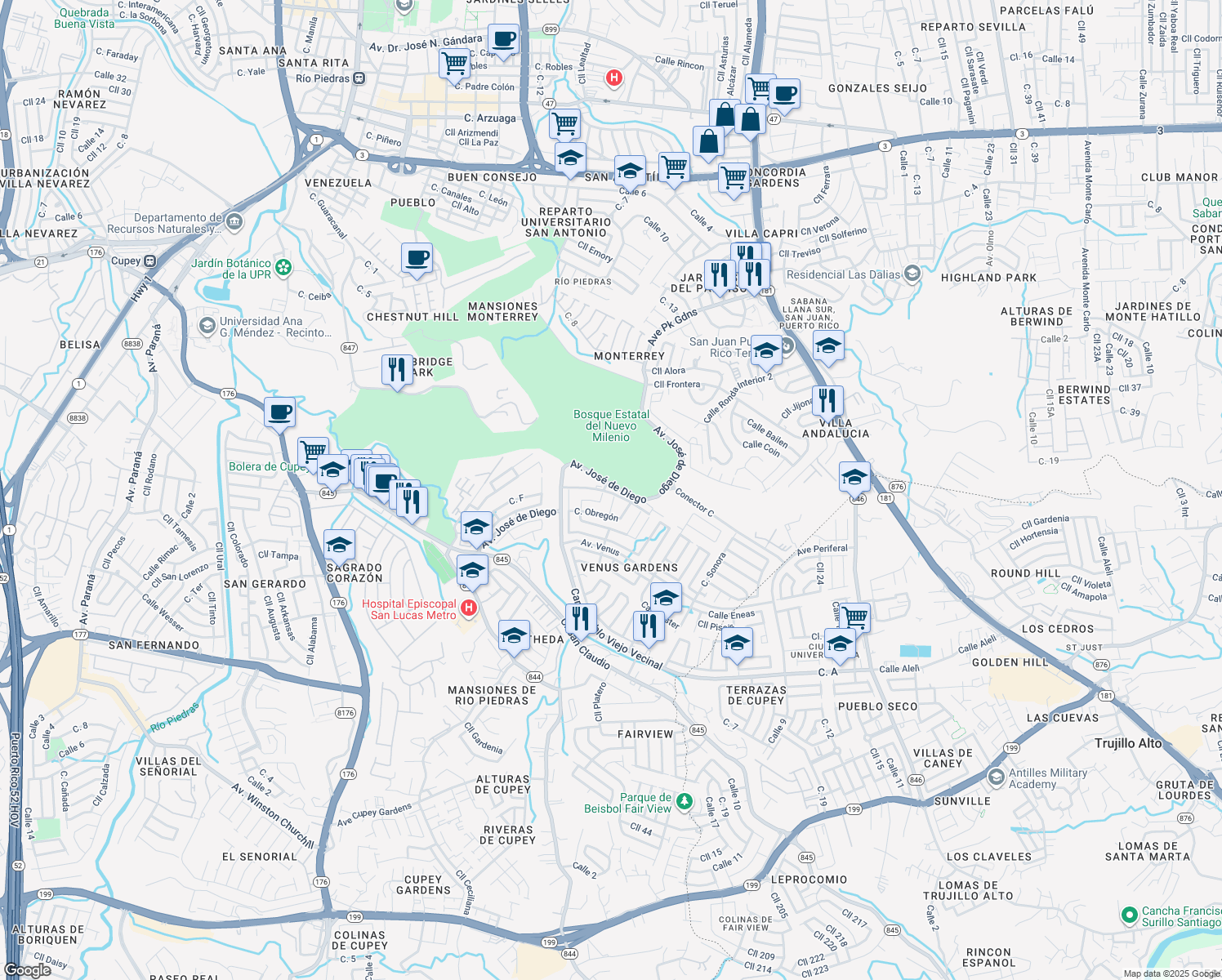 map of restaurants, bars, coffee shops, grocery stores, and more near Calle Puerto Vallarta in San Juan