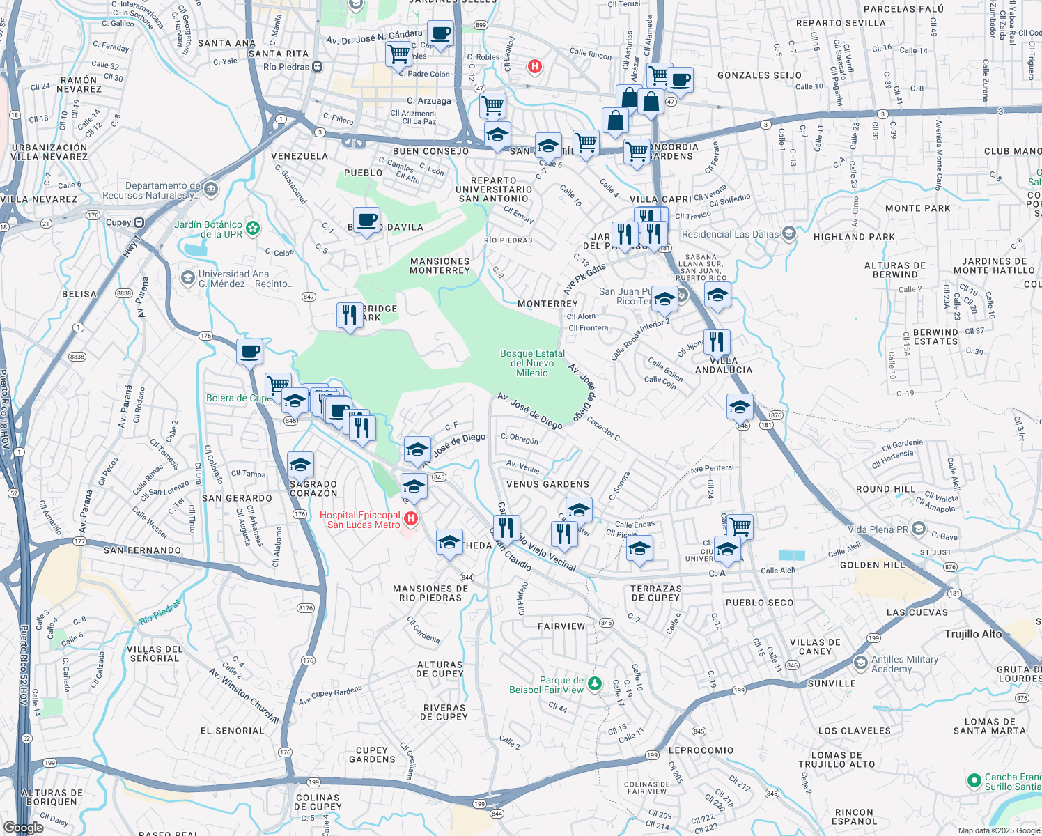 map of restaurants, bars, coffee shops, grocery stores, and more near Calle Puerto Vallarta in San Juan
