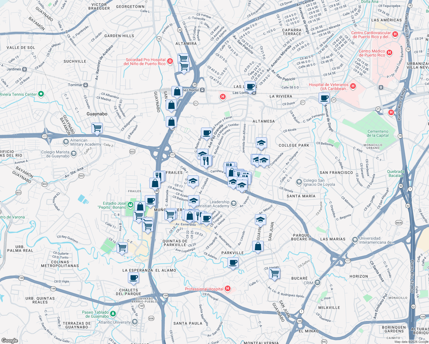 map of restaurants, bars, coffee shops, grocery stores, and more near in Guaynabo