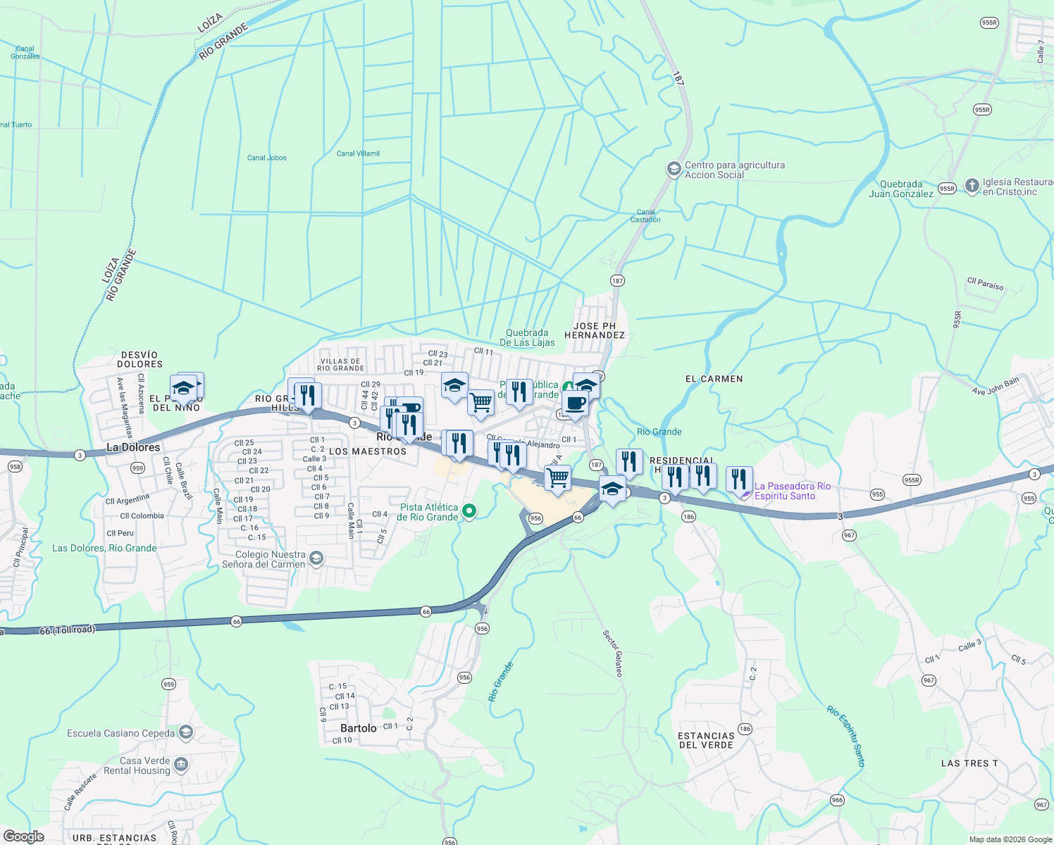 map of restaurants, bars, coffee shops, grocery stores, and more near 18 Calle Jose P Hernandez in Rio Grande