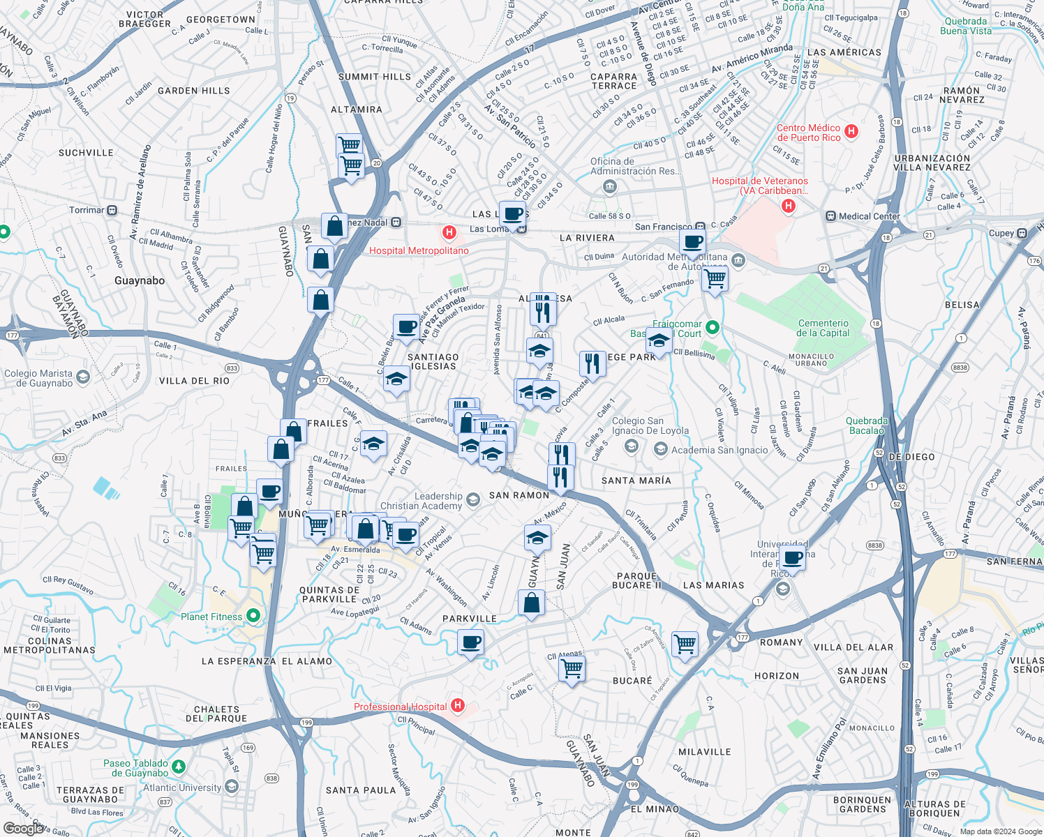 map of restaurants, bars, coffee shops, grocery stores, and more near in San Juan