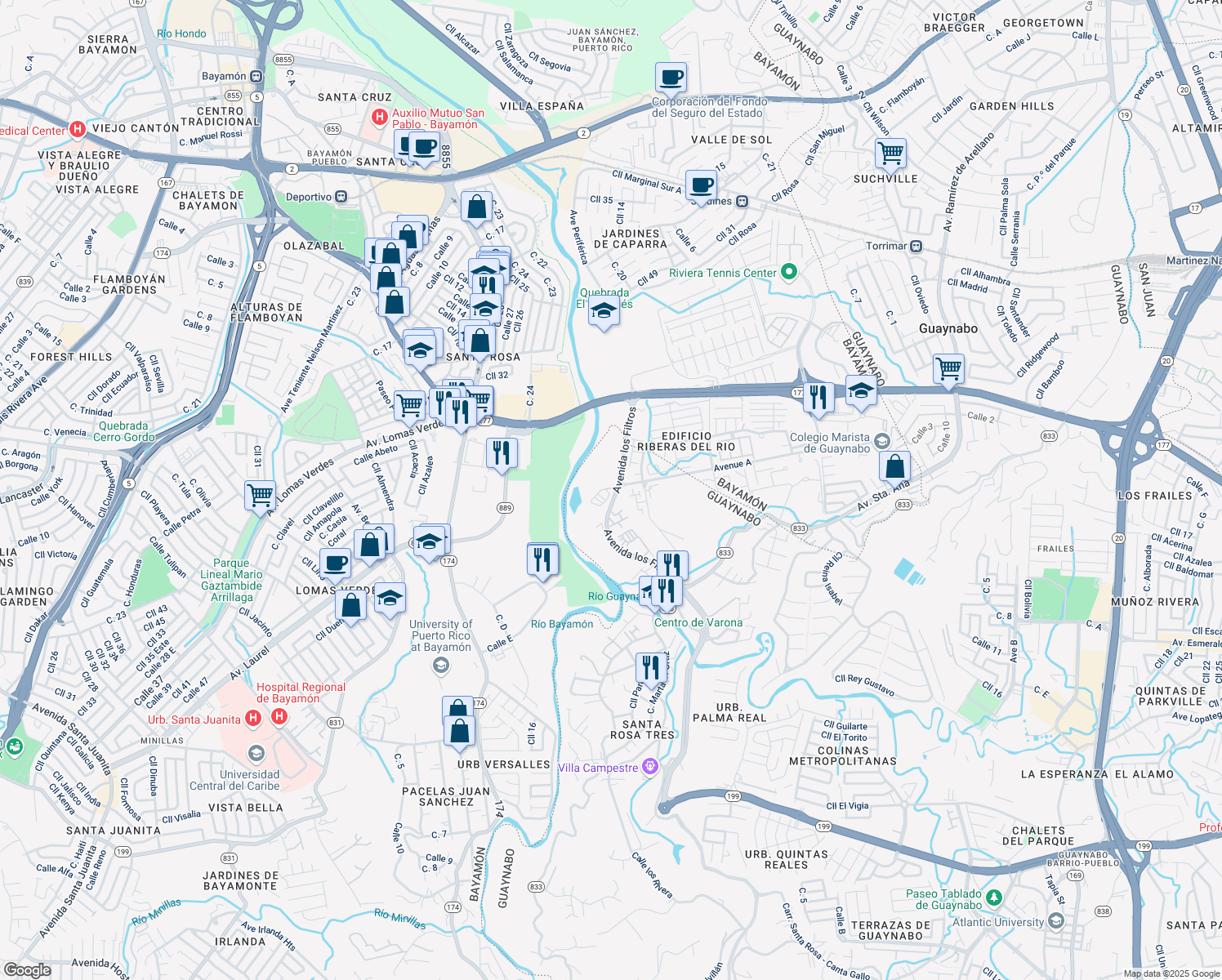 map of restaurants, bars, coffee shops, grocery stores, and more near Calle Juan Martínez in Bayamón