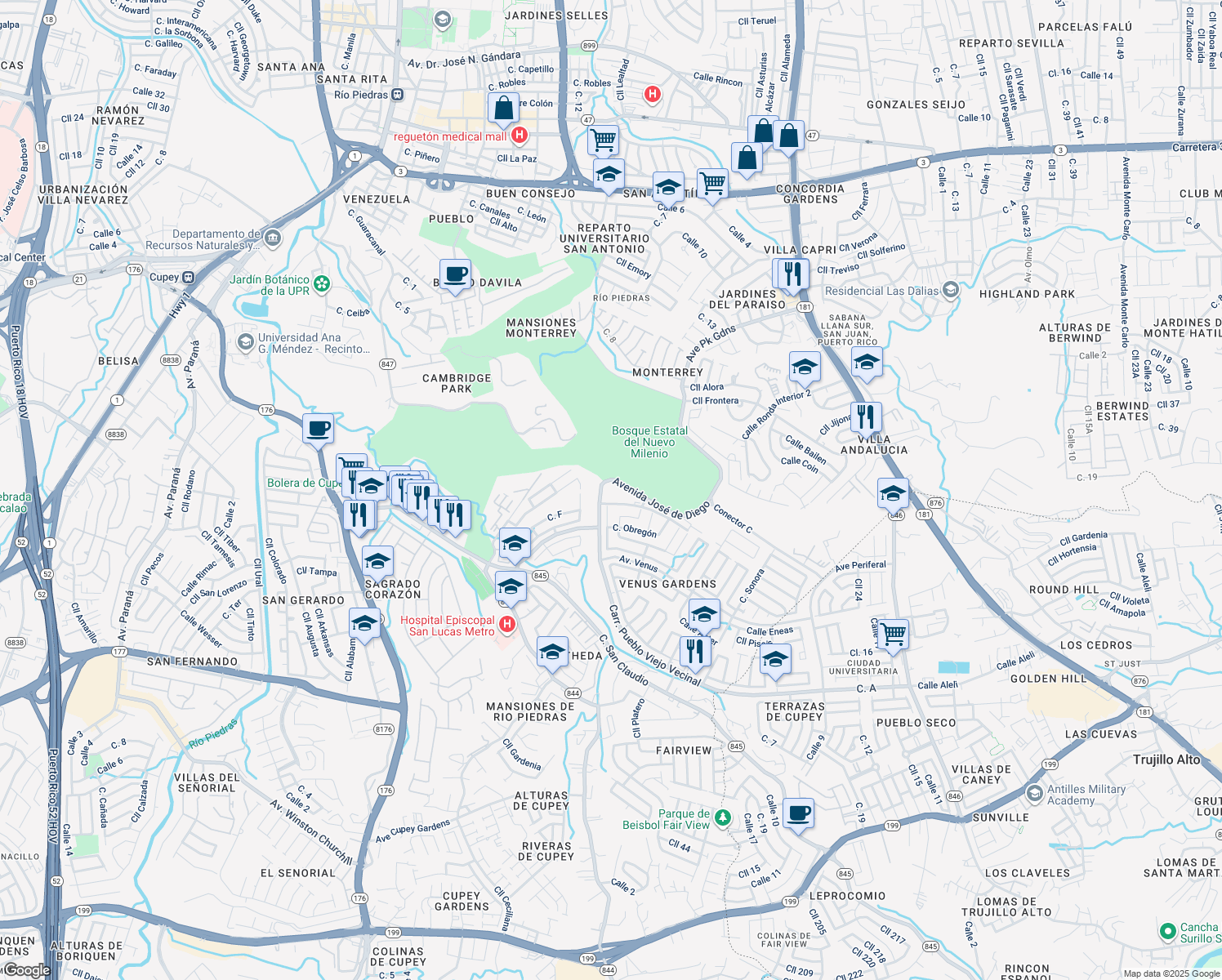 map of restaurants, bars, coffee shops, grocery stores, and more near 11 Calle Piedras Negras in San Juan