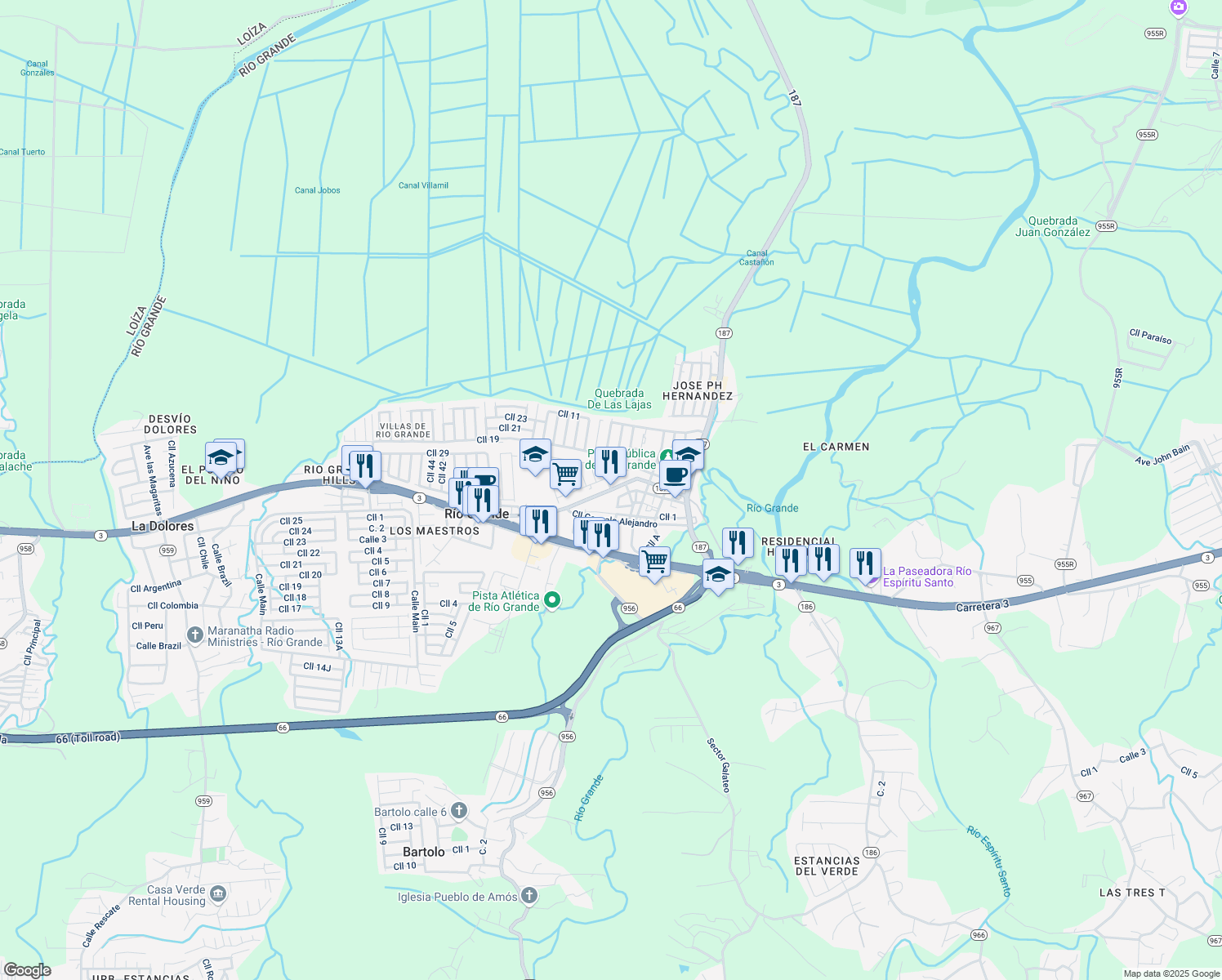 map of restaurants, bars, coffee shops, grocery stores, and more near Calle Pimentel in Rio Grande